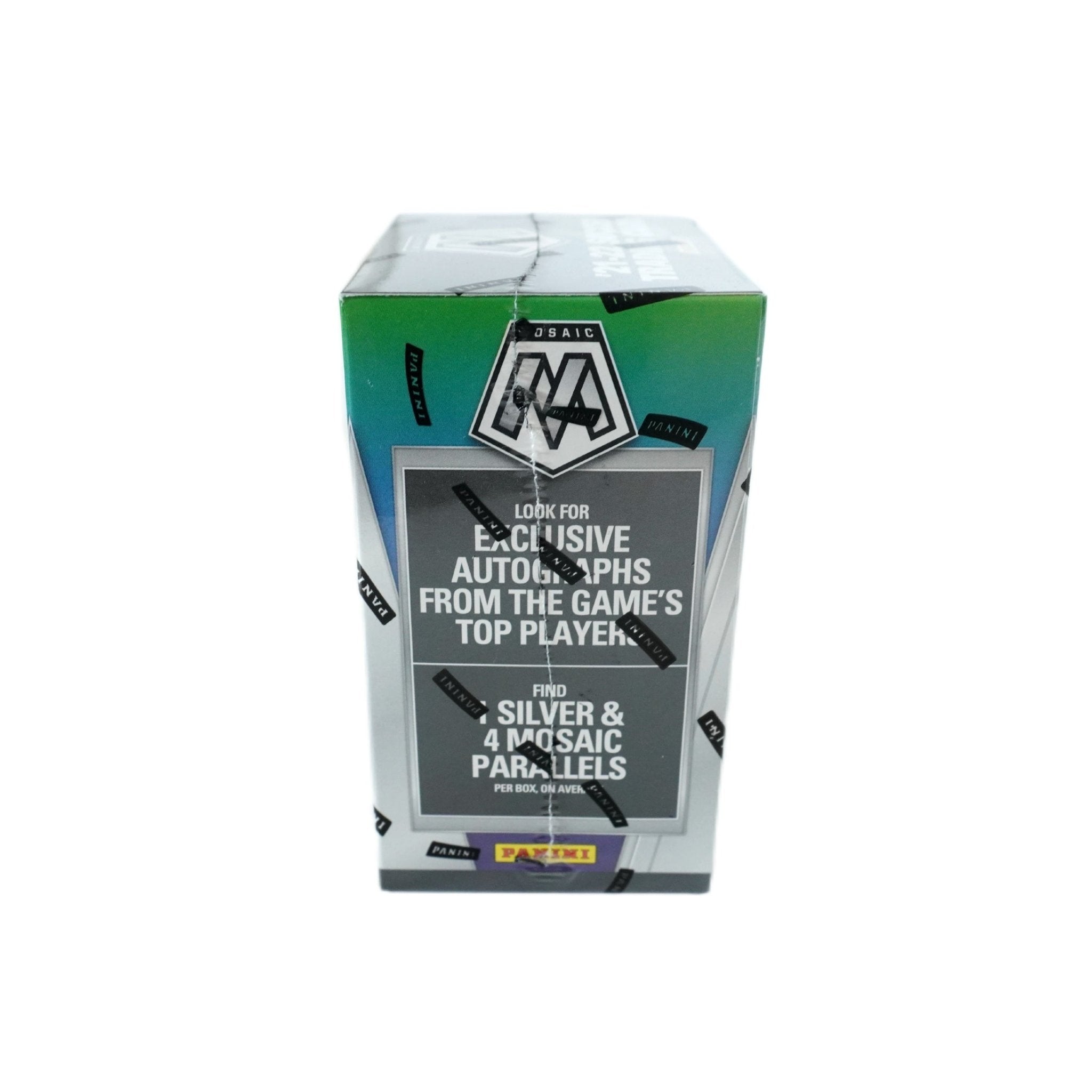 2021/22 Panini Mosaic Premier League Soccer Fanatics Blaster Box rechte Seite – exklusive Detailaufnahme der Sammelbox, offizielles Panini Produkt für Fußballkarten-Sammler und Trading Card Fans