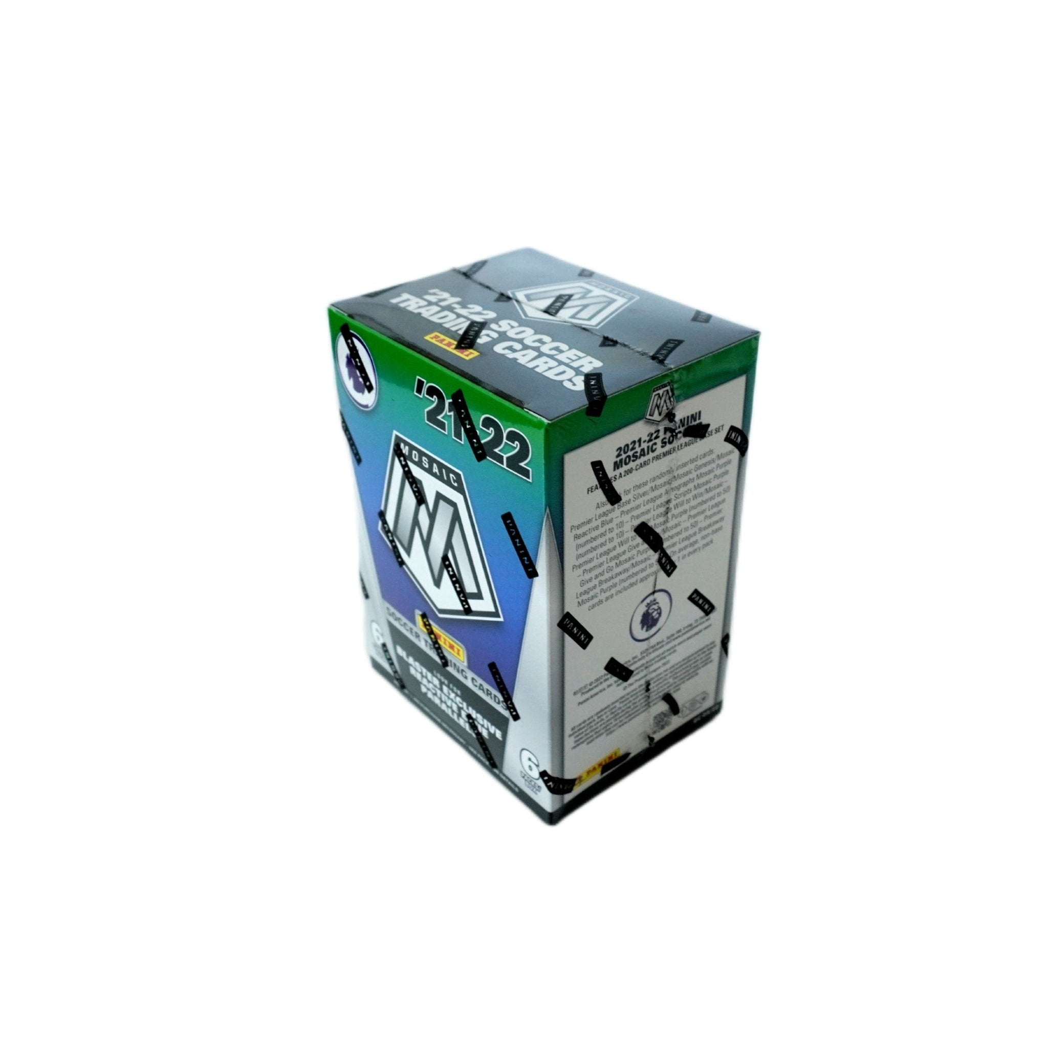 Seitenansicht 2021/22 Panini Mosaic Premier League Soccer Fanatics Blaster Box – edle Sammelbox mit exklusiven Fußballkarten, offizielles Panini Trading Card Highlight für Premier League Sammler und Investoren