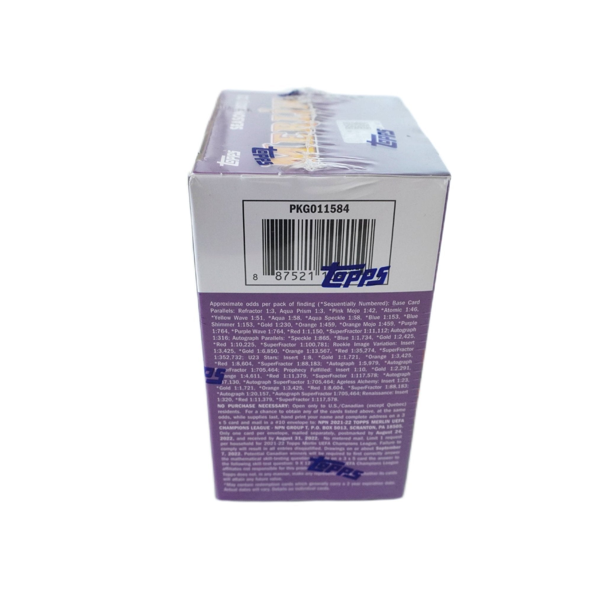 2021/22 Topps UEFA Champions League Merlin Chrome Soccer Blaster Box rechte Seite – exklusive Detailaufnahme der limitierten Blaster Box, offizielles Trading Card Highlight für Fußball-Sammler und Champions League Fans