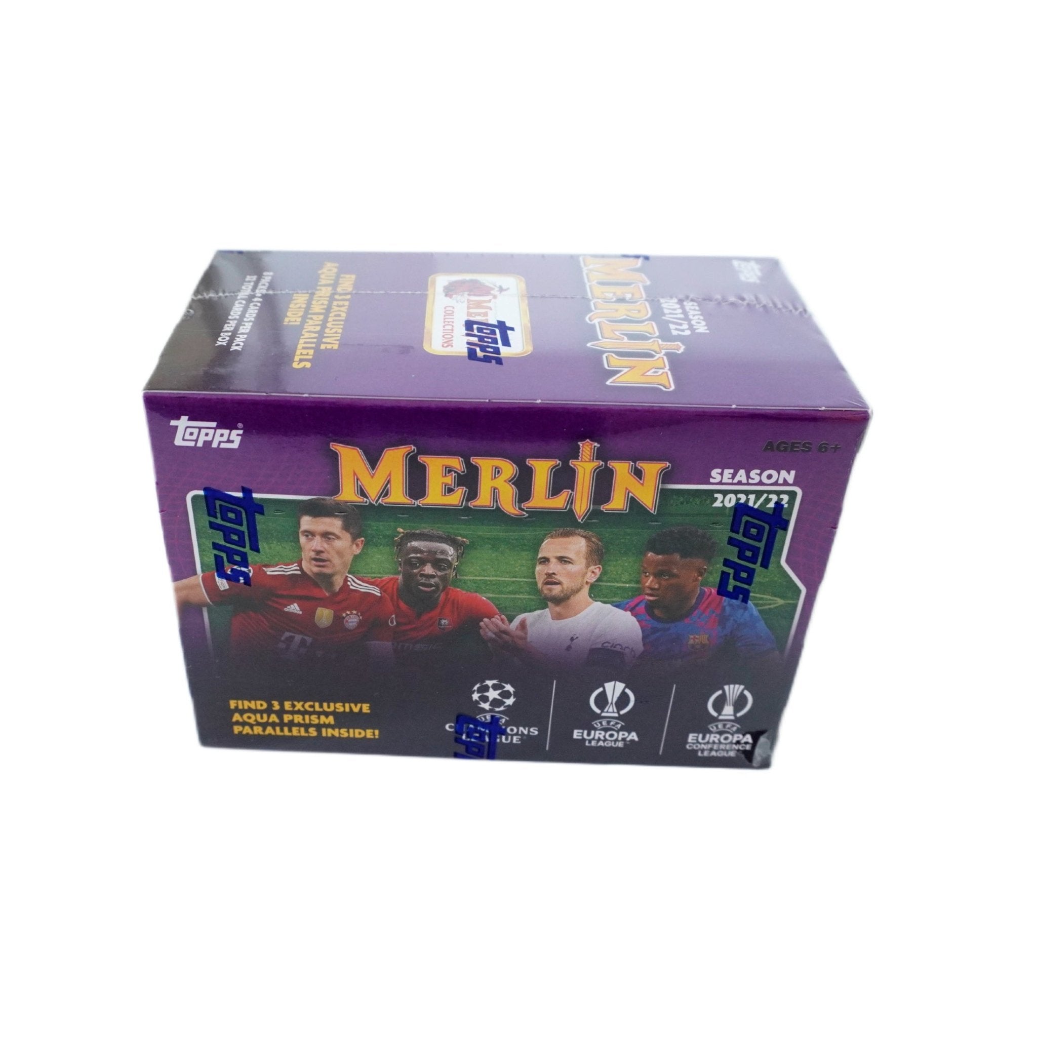 Seitenansicht 2021/22 Topps UEFA Champions League Merlin Chrome Soccer Blaster Box – hochwertige Verpackung mit exklusiven Fußball-Sammelkarten, offizielles Trading Card Produkt der UEFA Champions League Saison