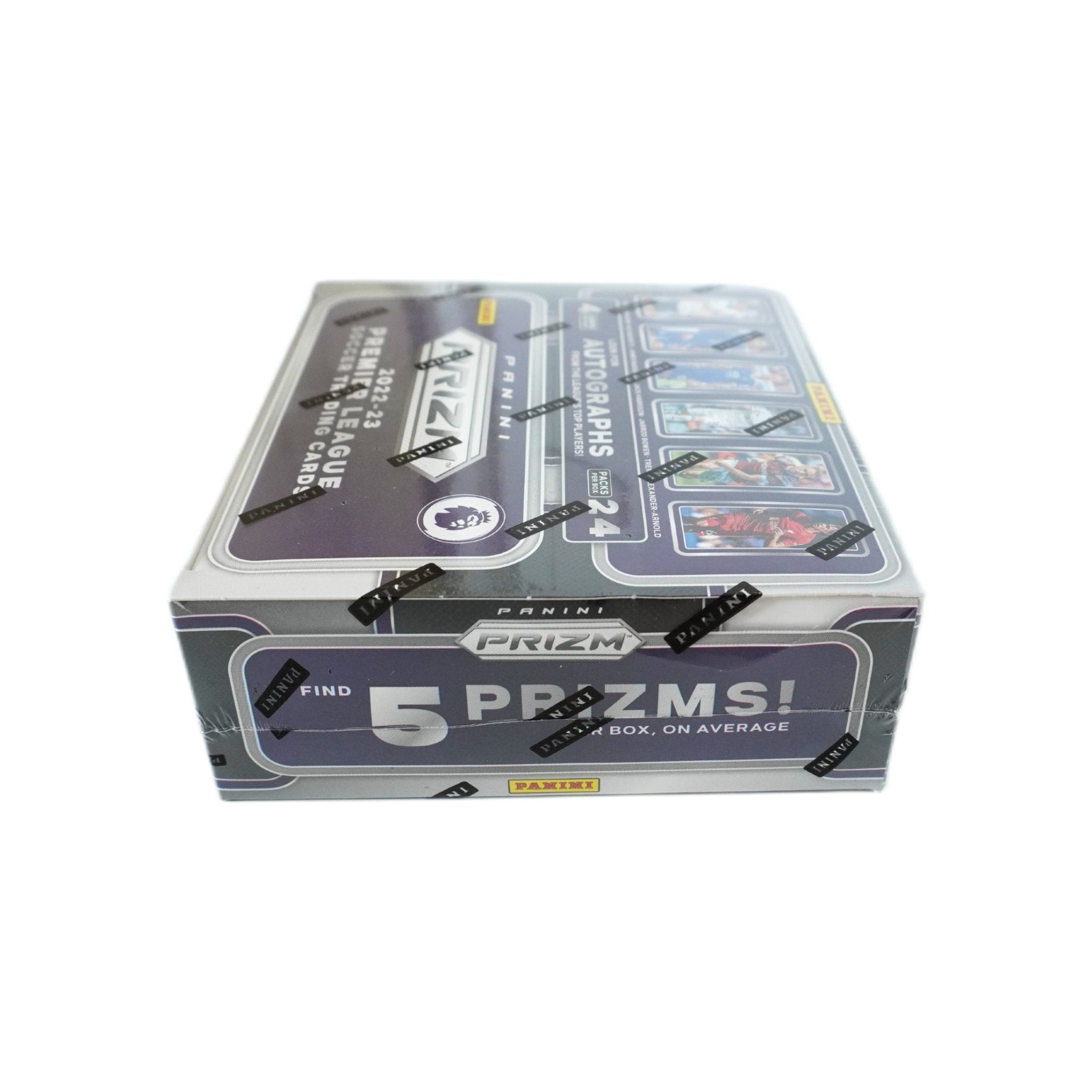 2022/23 Panini Prizm Premier League Retail 24-Pack Box rechte Seite – exklusive Detailaufnahme der Sammelbox, offizielles Panini Highlight für Fußballkarten-Sammler und Trading Card Fans