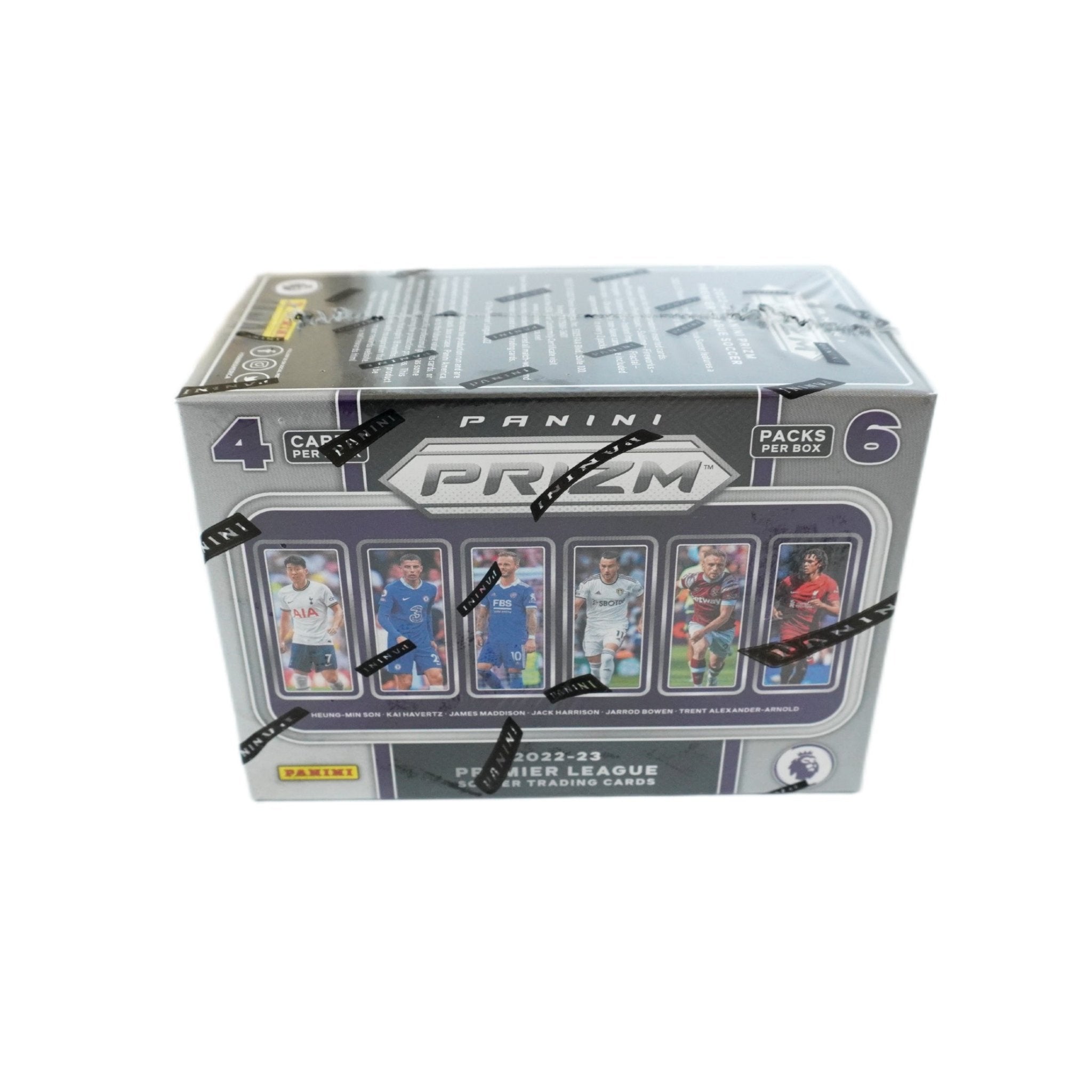 Seitenansicht 2022/23 Panini Prizm Premier League Soccer 6-Pack Blaster Box – hochwertige Fußballkarten-Box von Panini, offizielles Trading Card Produkt der Premier League Saison
