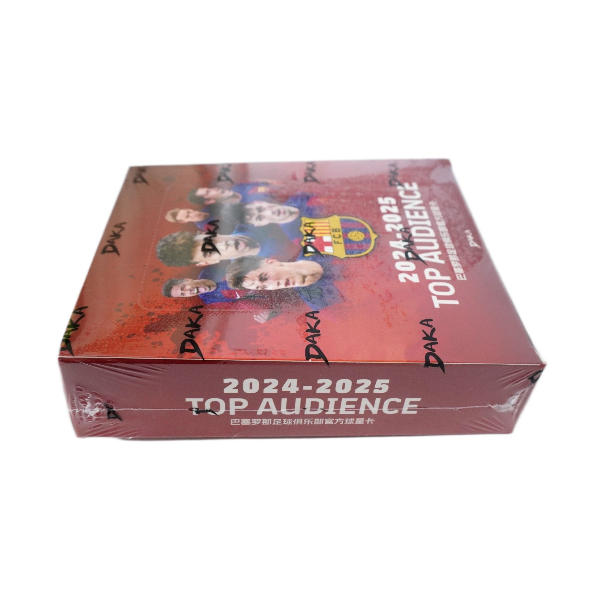 2024/25 Daka First Edition Top Audience FC Barcelona Hobby Box rechte Seite – exklusive Detailaufnahme der limitierten Hobby Box, offizielles Fußballkarten-Highlight für Trading Card Sammler und Investoren