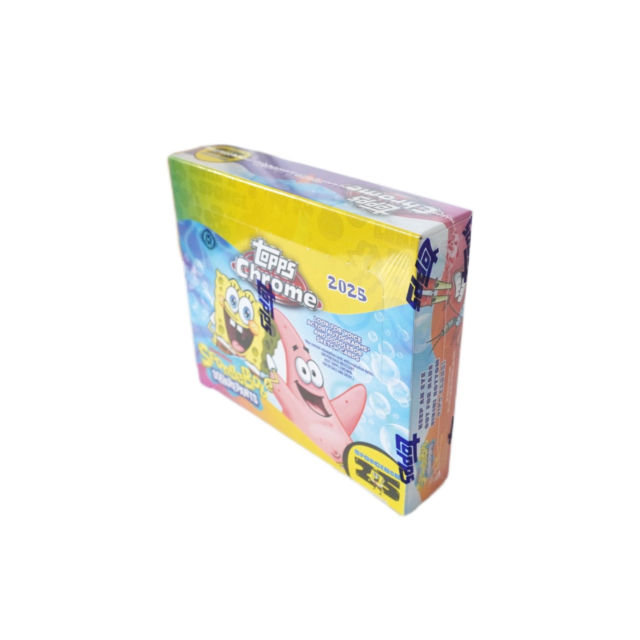 Seitenansicht 2025 Topps Chrome SpongeBob 25th Anniversary Hobby Box – offizielle Trading Cards Jubiläumsbox bei Habibicards