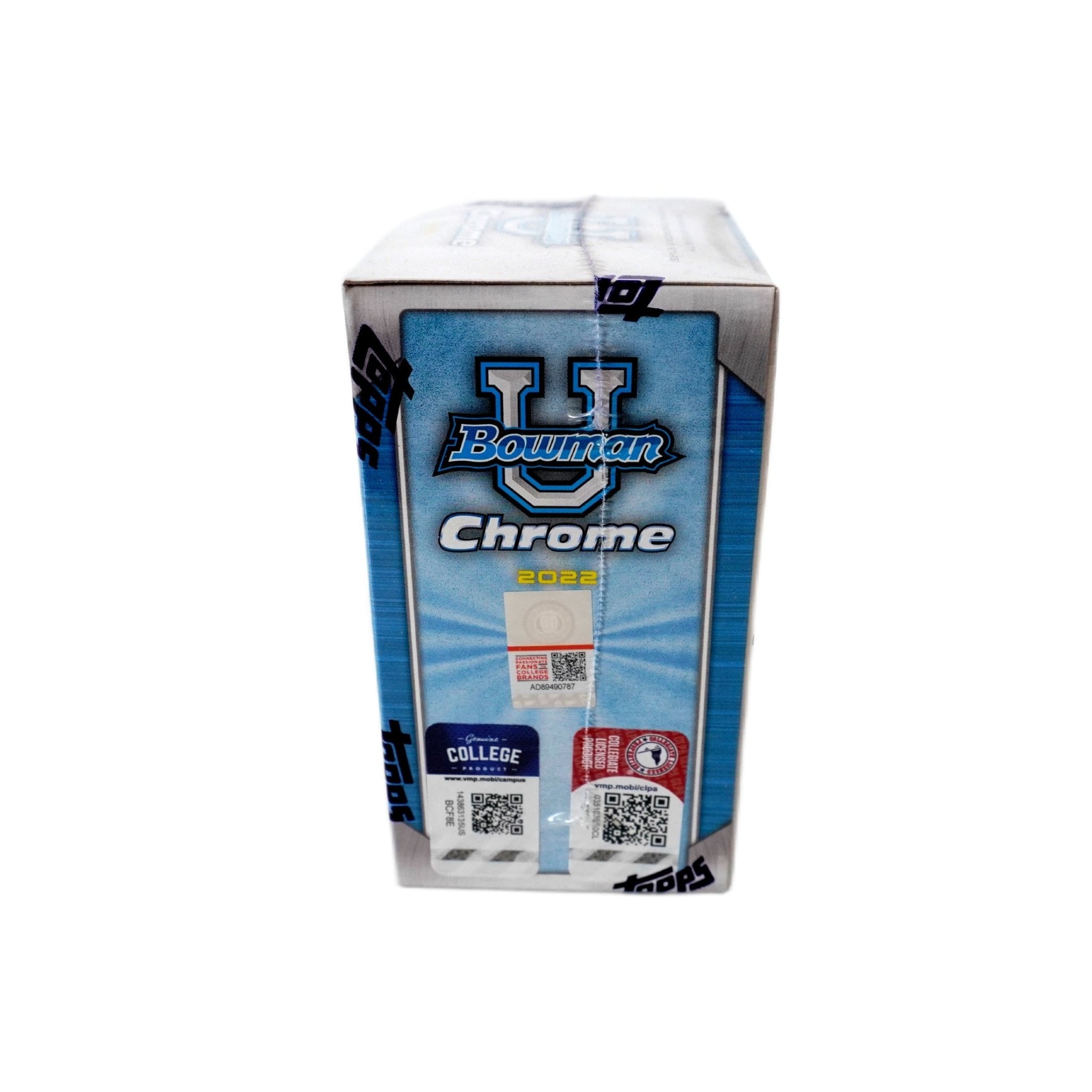 2022 Bowman Chrome University Football Blaster Box Schrägansicht (7 Packs) – exklusive College Football Trading Cards Box im 3D-Winkel, offizielles Bowman Chrome TCG Blaster Display 2022 für Sammler online kaufen