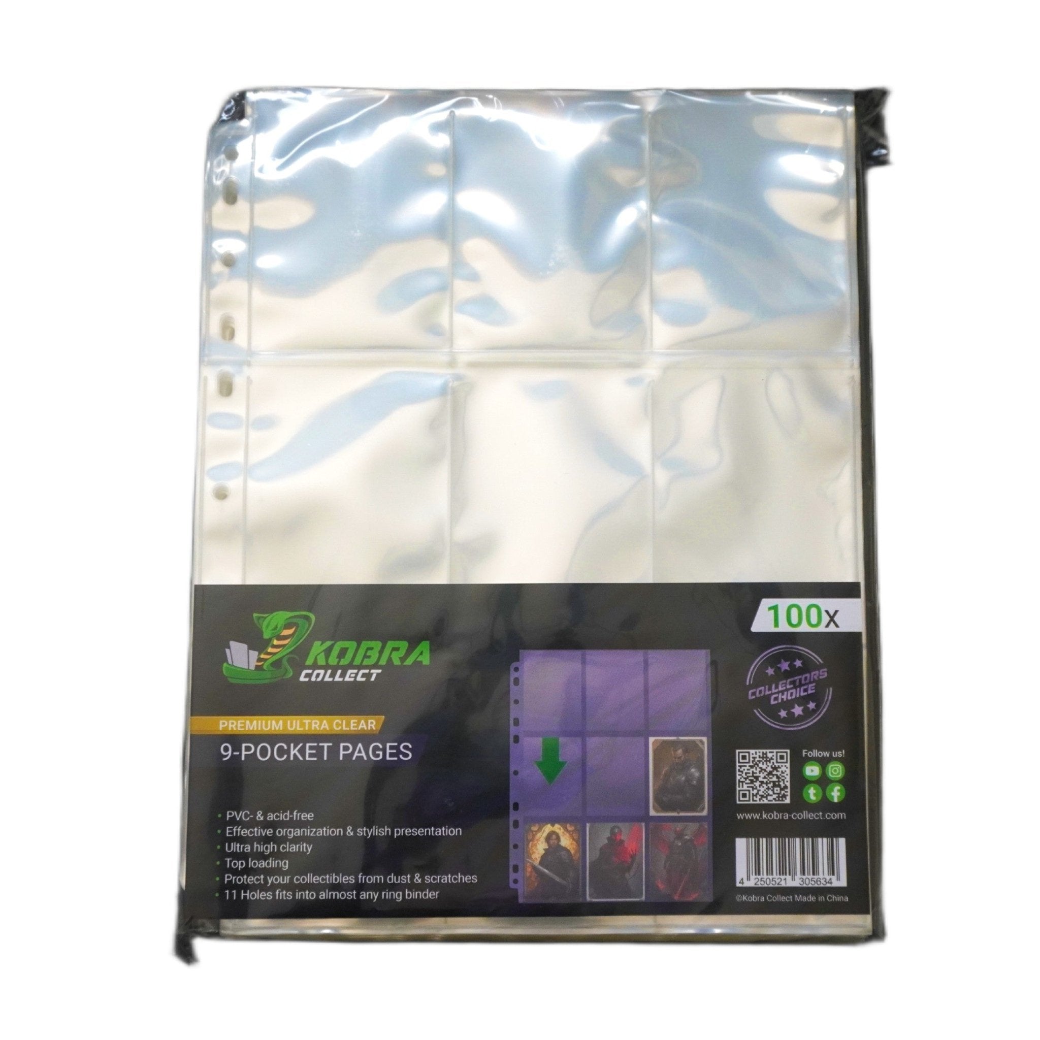Kobra Collect 9-Pocket Pages Premium Seitenansicht – langlebige Trading Card Binder Pages mit 9 Fächern je Seite, kompatibel mit 11-Loch Ringalben, für TCG & Sportkarten geeignet, 100er Pack kaufen bei Habibicards