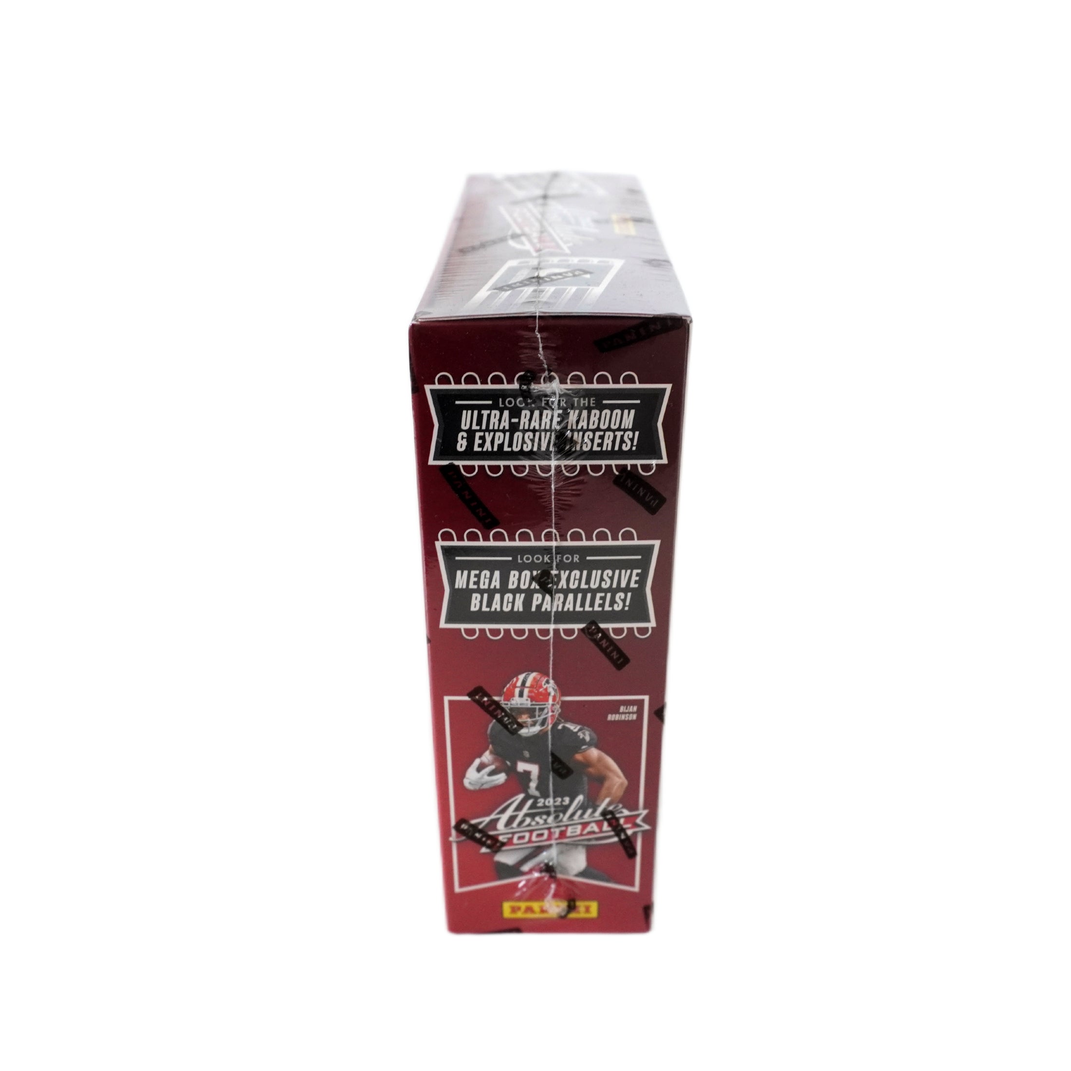 2023 Panini Absolute Football Mega Box Schrägansicht – exklusive NFL Trading Cards Box im 3D-Winkel mit Black Parallels, offizielles Panini Absolute Football TCG Display 2023 für Sammler online kaufen