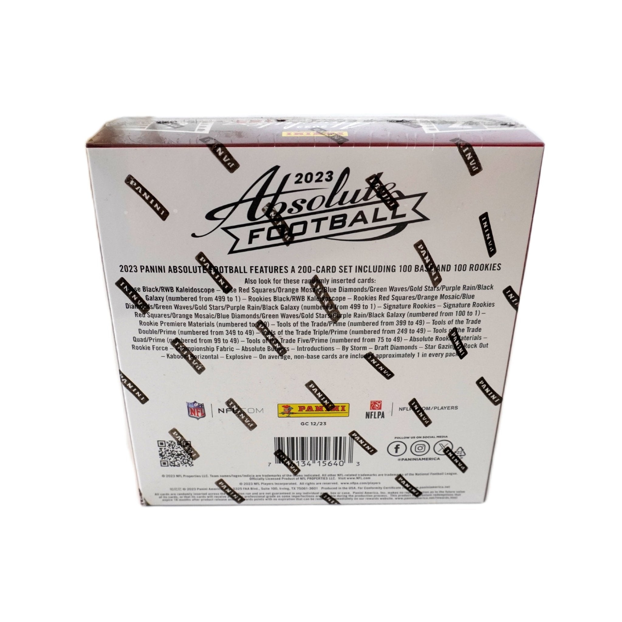 2023 Panini Absolute Football Mega Box Seitenansicht links – originale NFL Trading Cards Box mit exklusiven Black Parallel Sammelkarten, offizielles Panini TCG Mega Display 2023 günstig online bestellen