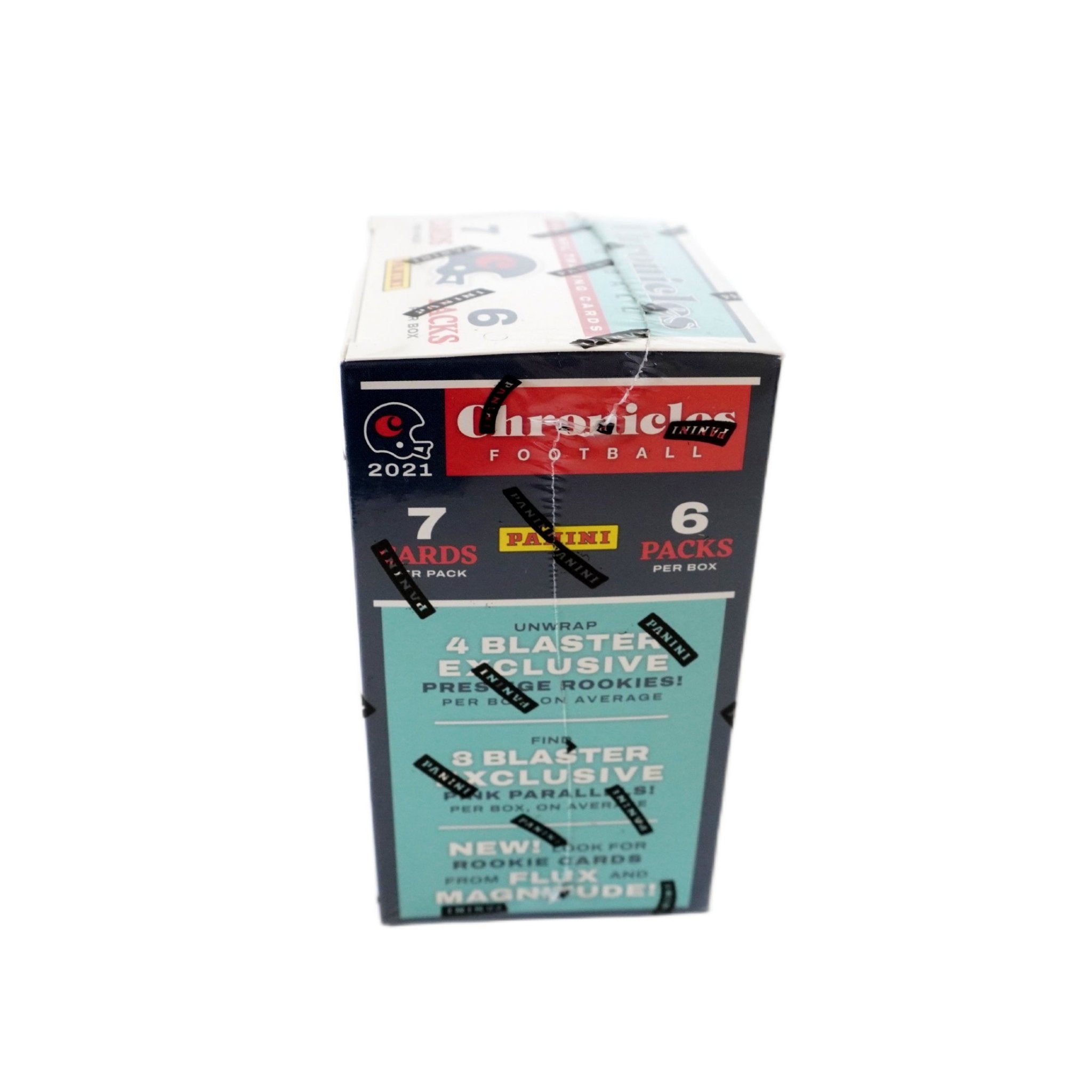 2021 Panini Chronicles Football Blaster Box Schrägansicht – exklusive NFL Trading Cards Box im 3D-Winkel, offizielles Panini Chronicles Football TCG Display 2021 für Sammler online kaufen