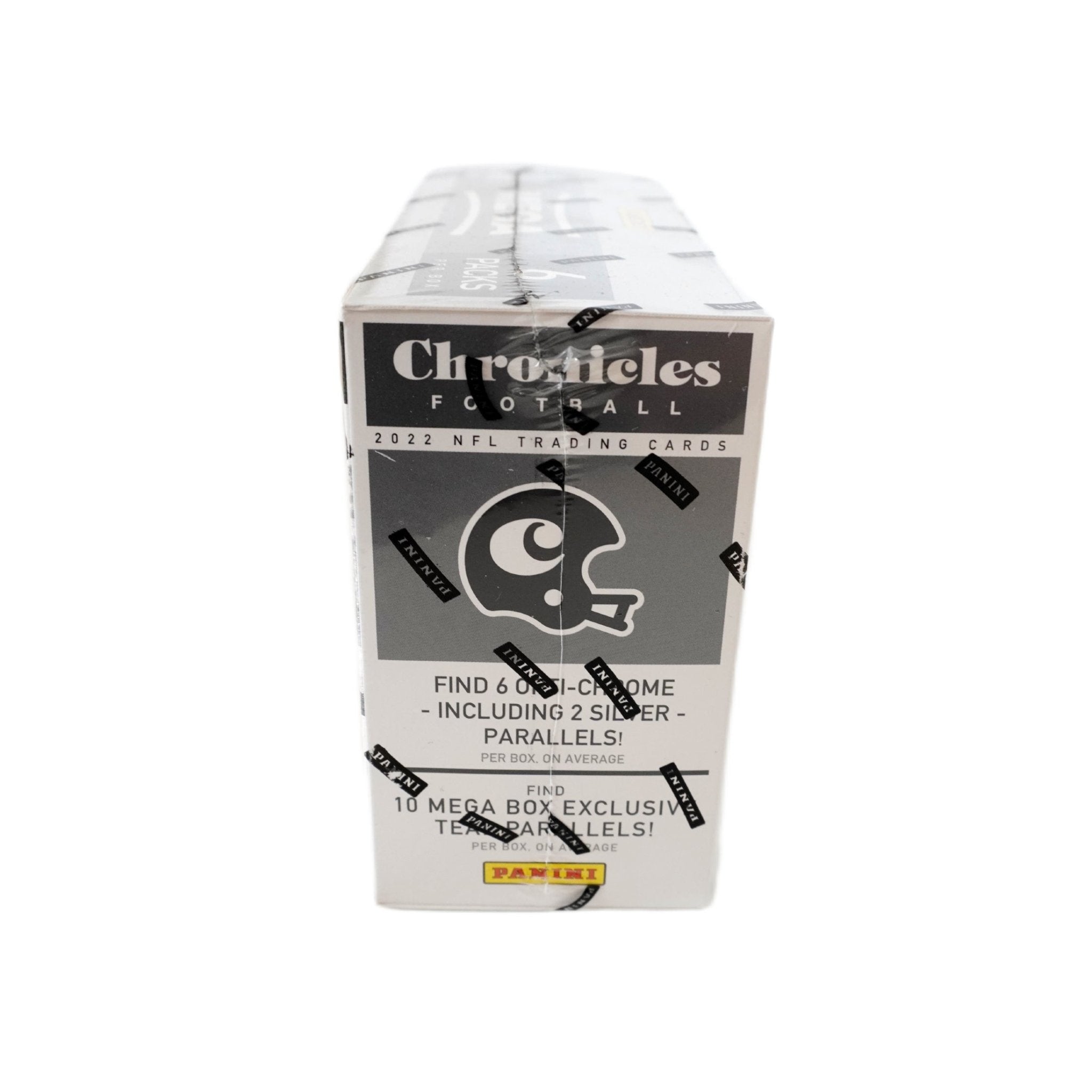 2022 Panini Chronicles Football Mega Box Schrägansicht – exklusive NFL Trading Cards Box im 3D-Winkel mit Recon Inserts, offizielles Panini Chronicles Football TCG Display 2022 für Sammler online kaufen