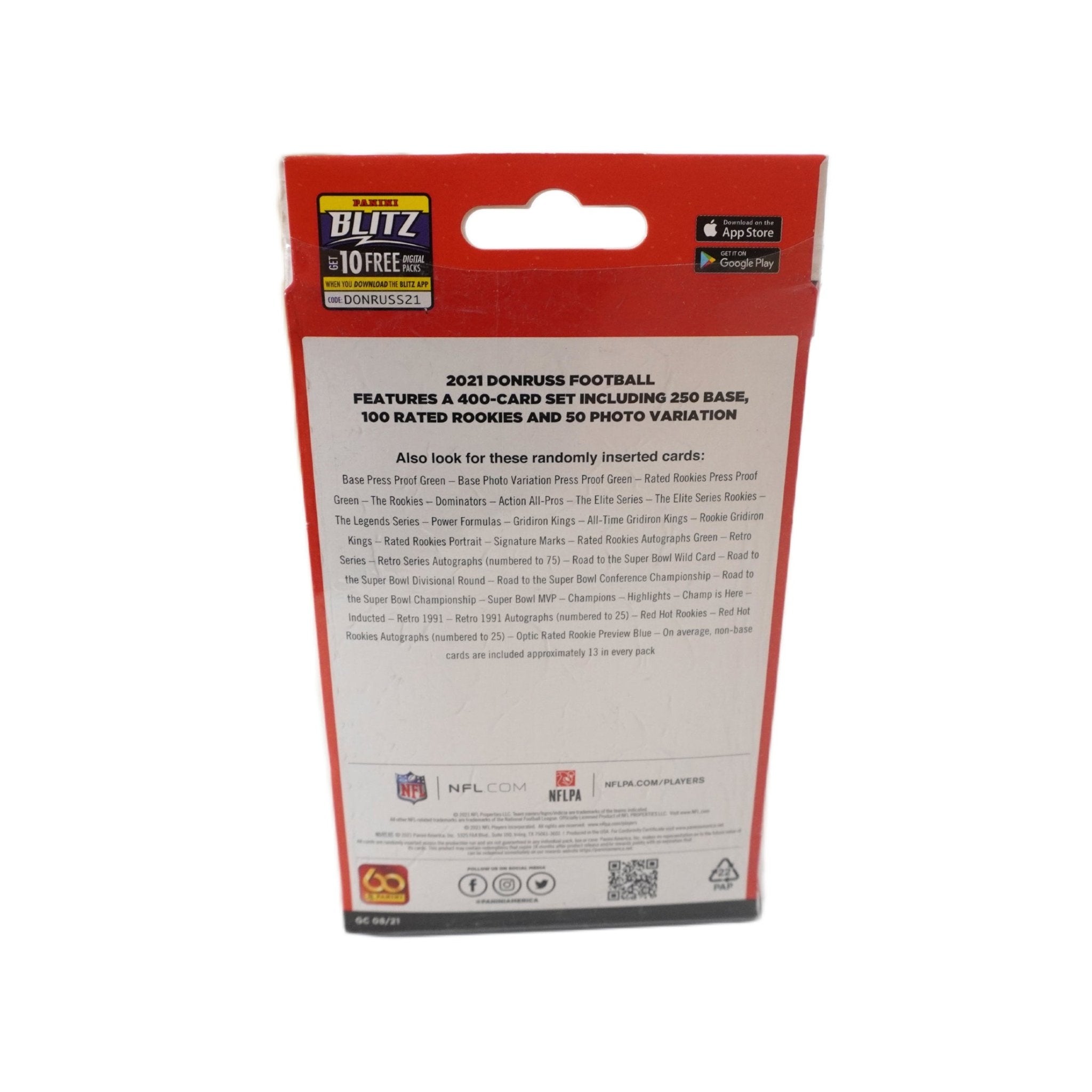 2021 Panini Donruss Football Hanger Box Seitenansicht links – originale Panini NFL Trading Cards Box mit Donruss Sammelkarten, offizielles TCG Hanger Display 2021 günstig online bestellen