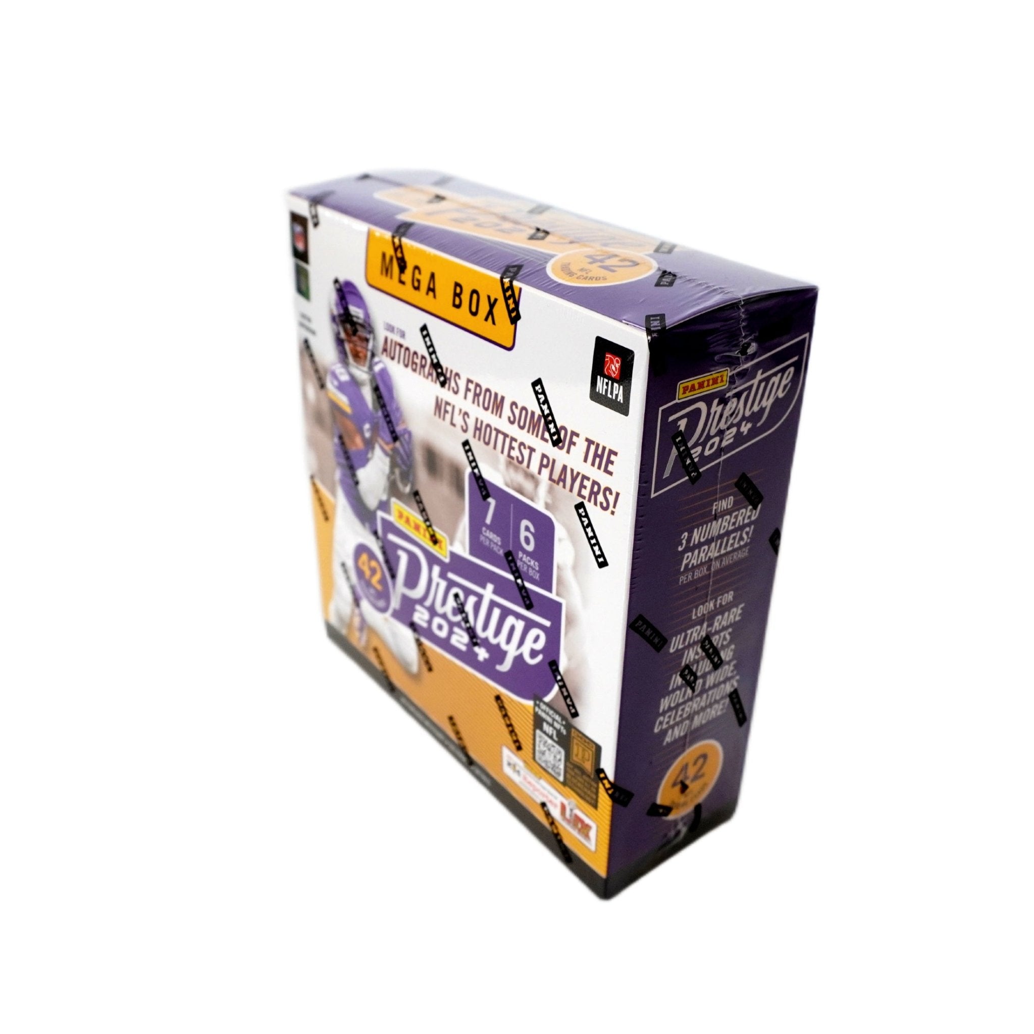 2024 Panini Prestige Football Mega Box Seitenansicht links – originale NFL Football Trading Cards Box mit exklusiven Hyper Parallels und Rookies, offizielles Panini Prestige TCG Mega Display 2024 günstig online bestellen