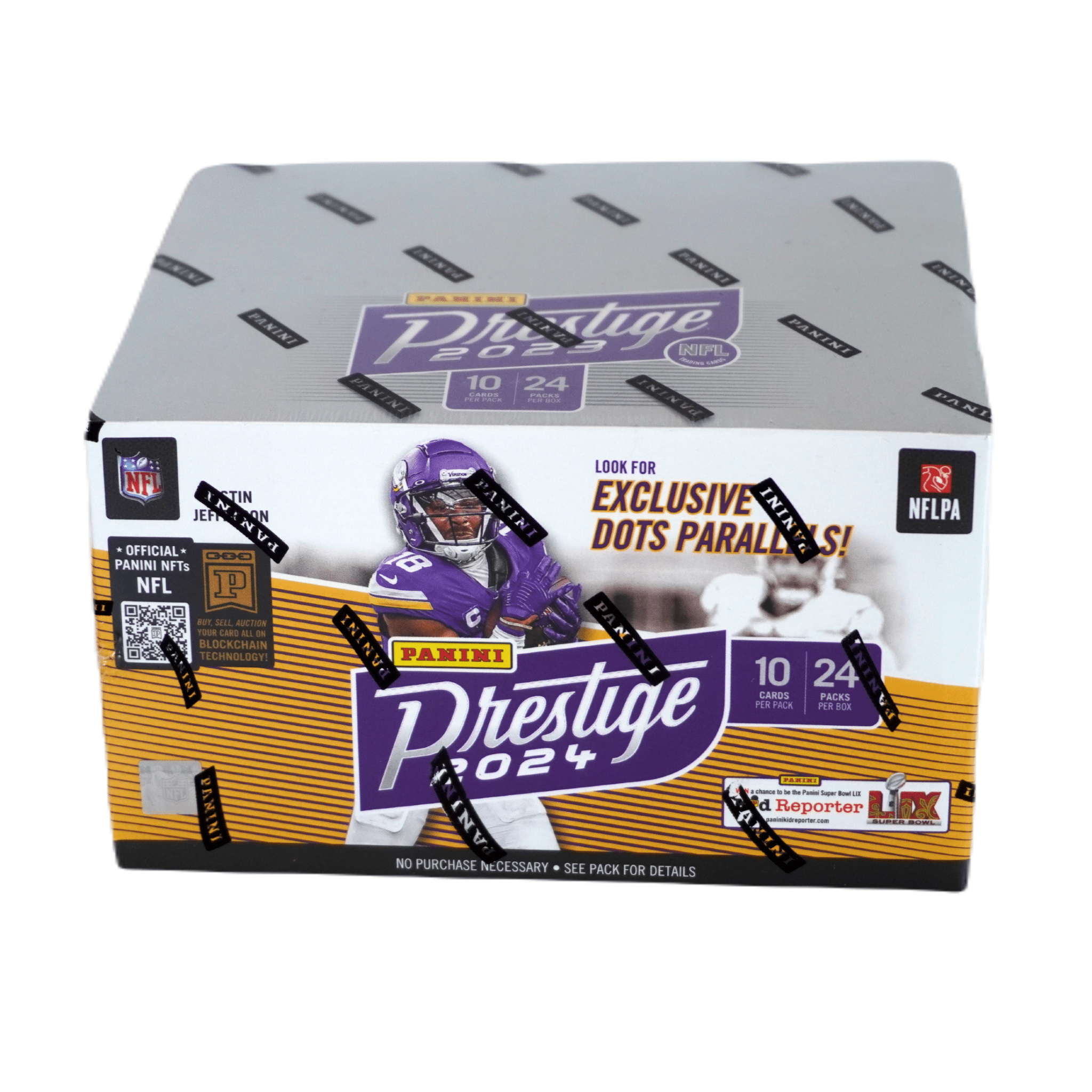Panini Prestige Football 2024 NFL Retail Box Frontansicht – originale NFL Trading Cards Retail Box mit exklusiven Football Sammelkarten, offizielles Panini Prestige TCG Display 2024 online kaufen im Shop