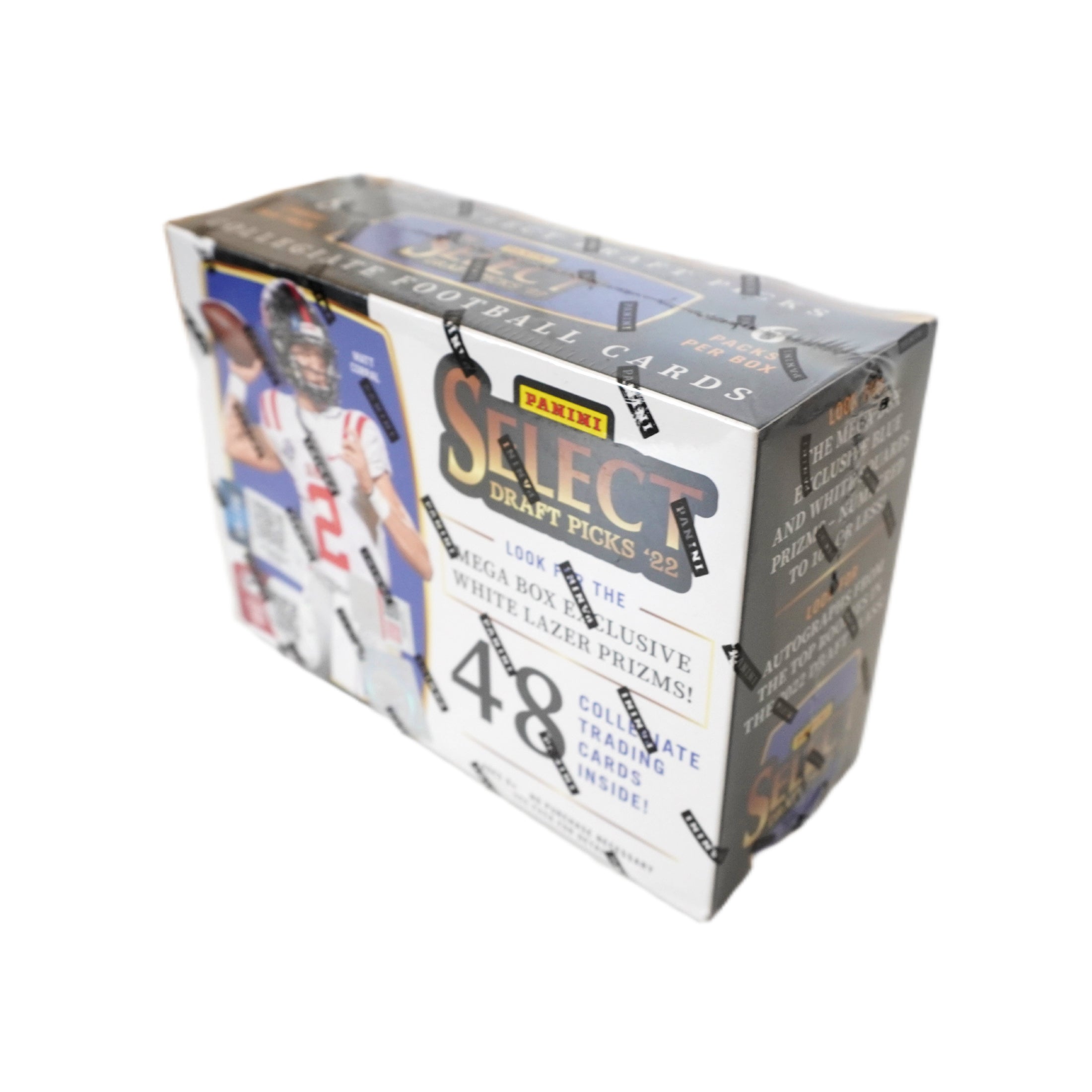 2022 Panini Select Draft Picks Football Mega Box Schrägansicht – exklusive NFL Trading Cards Box im 3D-Winkel mit White Lazer Prizms, offizielles Panini Select Draft Picks Football TCG Display 2022 für Sammler online kaufen