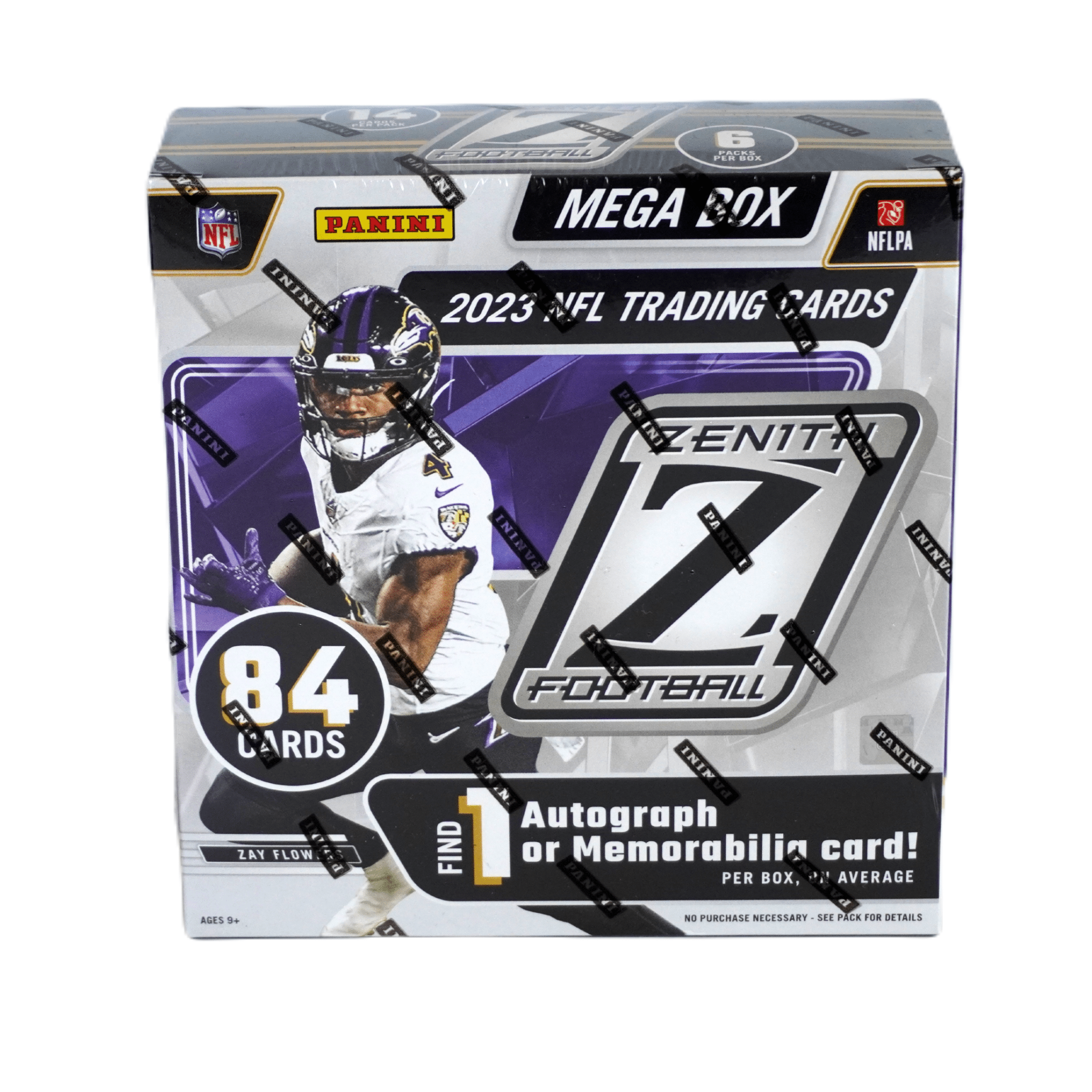 2023 Panini Zenith Football Mega Box Frontansicht – originale NFL Trading Cards Box mit exklusiven Zenith Football Sammelkarten, offizielles Panini TCG Display 2023 online kaufen im Shop