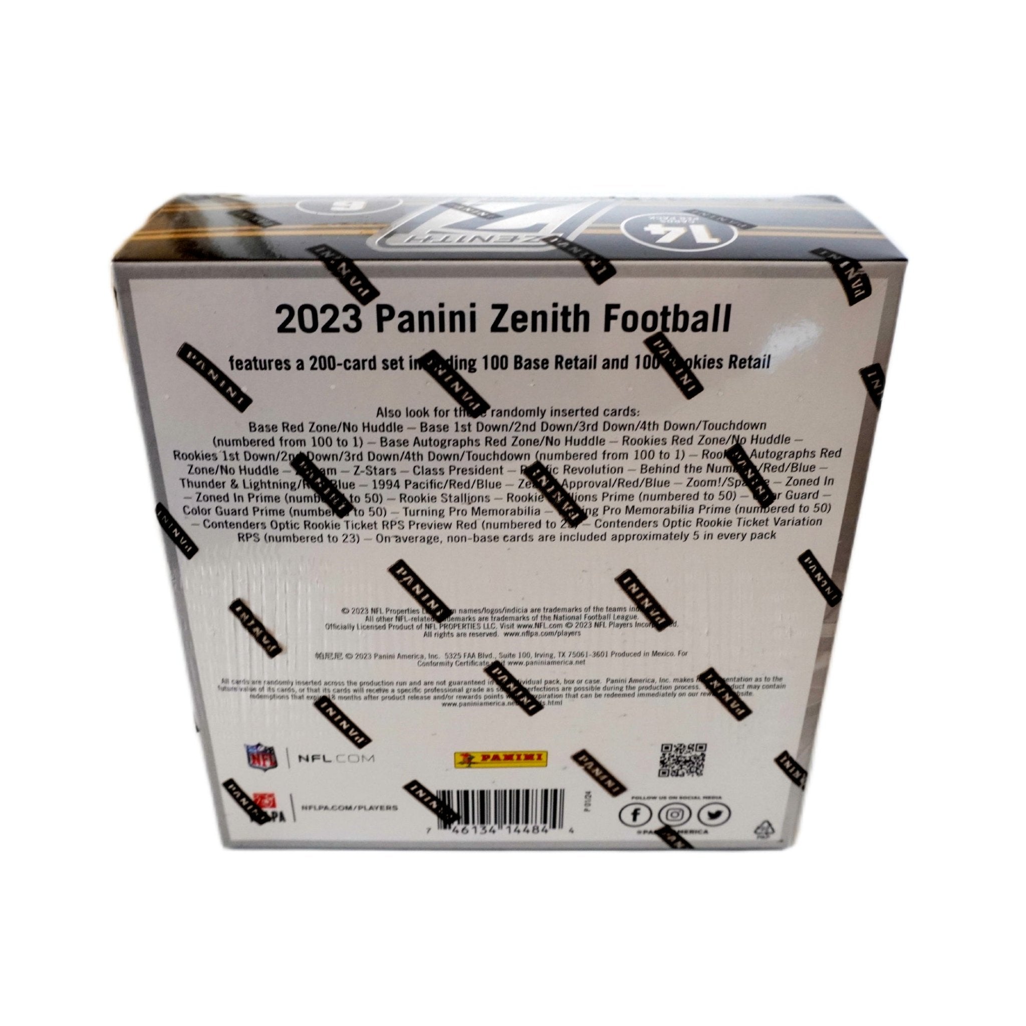 2023 Panini Zenith Football Mega Box Seitenansicht links – originale NFL Trading Cards Box mit Zenith Sammelkarten, offizielles Panini TCG Mega Display 2023 günstig online bestellen