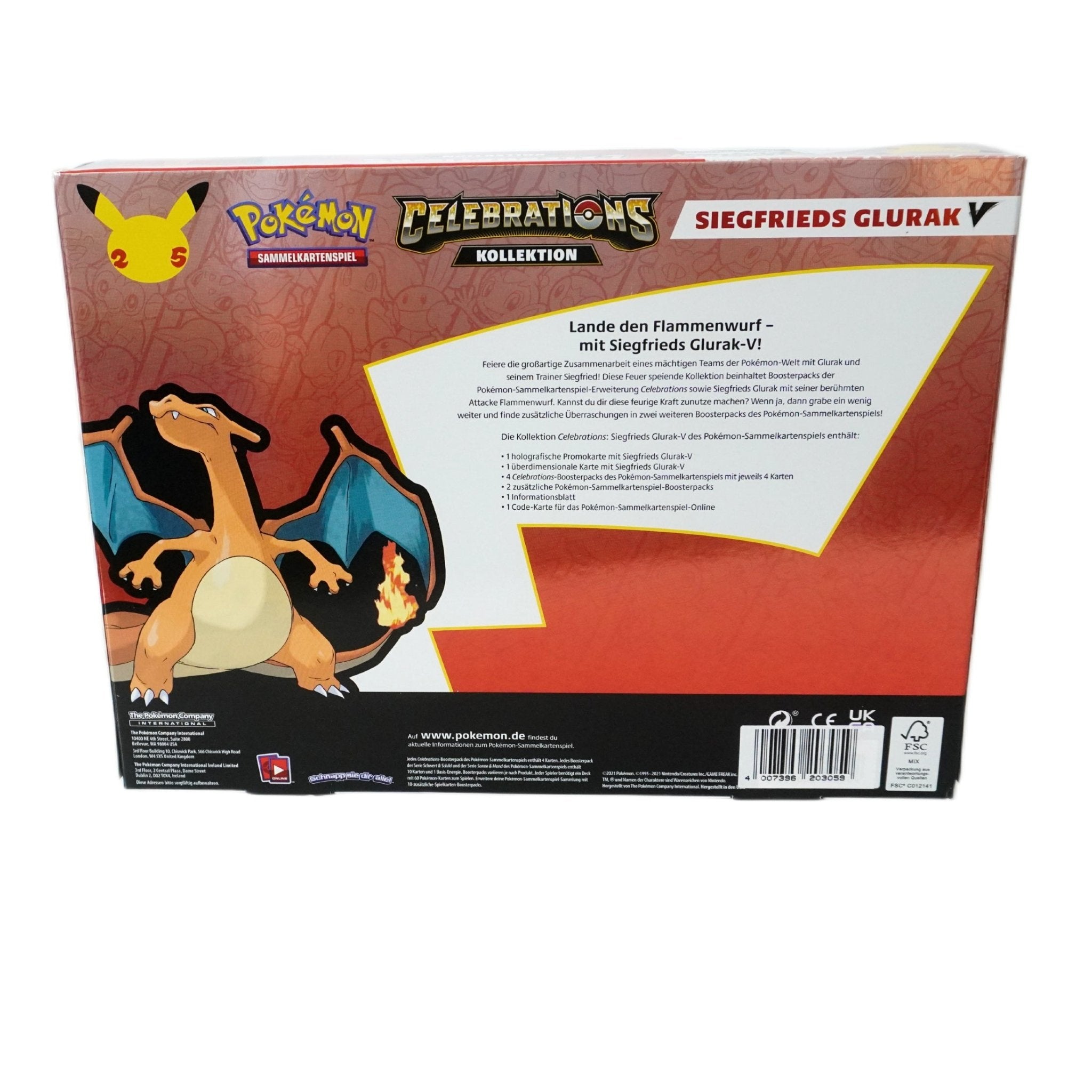 Pokémon Celebrations Siegfrieds Glurak V – deutsche Jubiläumskarte aus dem 25 Jahre Celebrations Set, offizielles TCG Sammlerstück bei Habibicards kaufen
