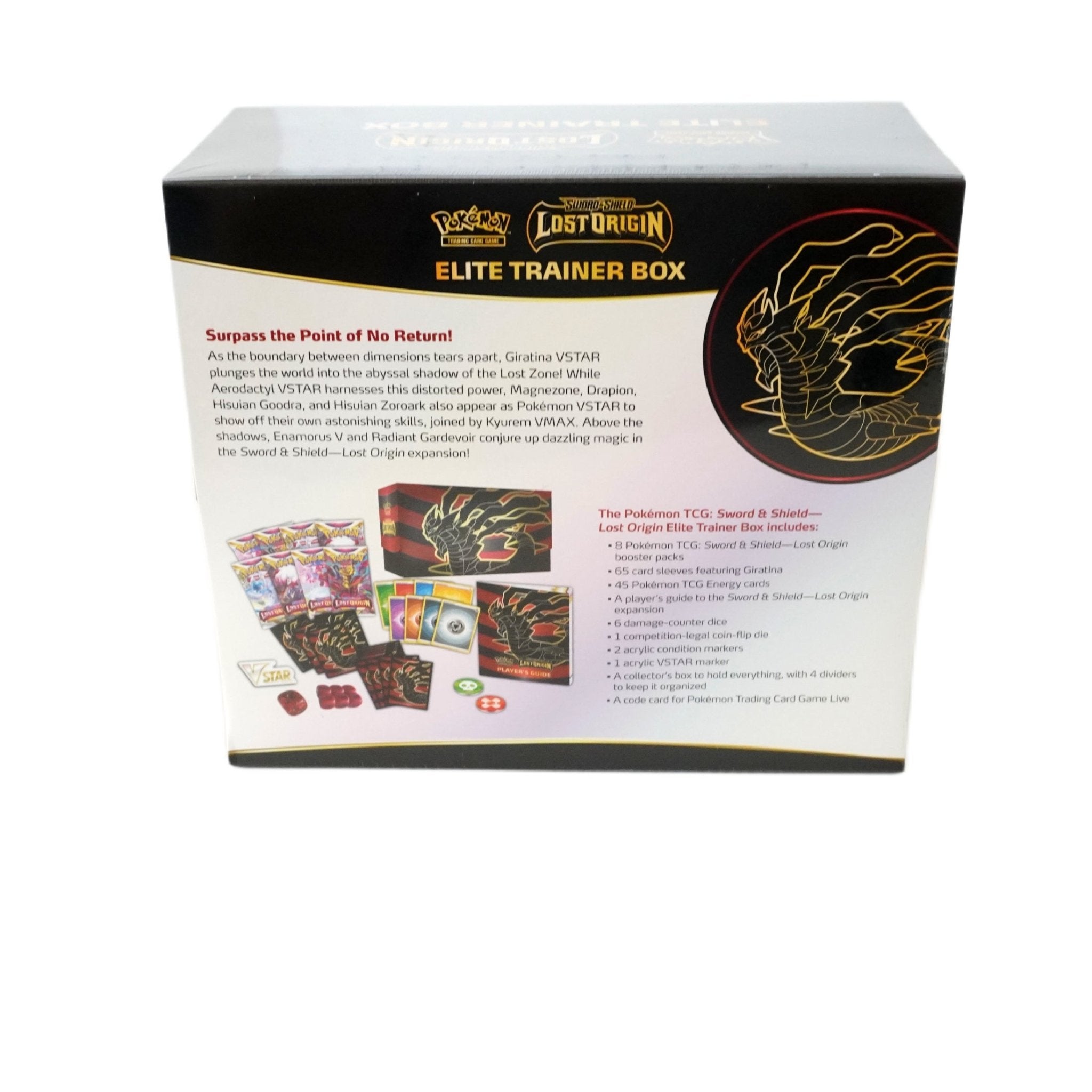 Pokémon Lost Origin Elite Trainer Box linke Seite – englische Elite Trainer Box mit Pokémon Boostern, TCG Zubehör und Chance auf Giratina Altart kaufen bei Habibicards