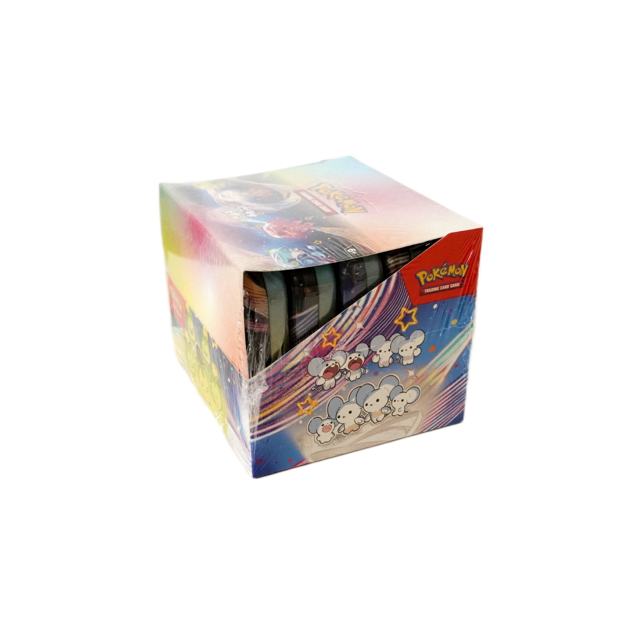 Pokémon Paldean Fates Mini Tin Display linke Seite – englisches TCG Set mit Shiny Pokémon, Mini Tins und spannenden Sammelkarten