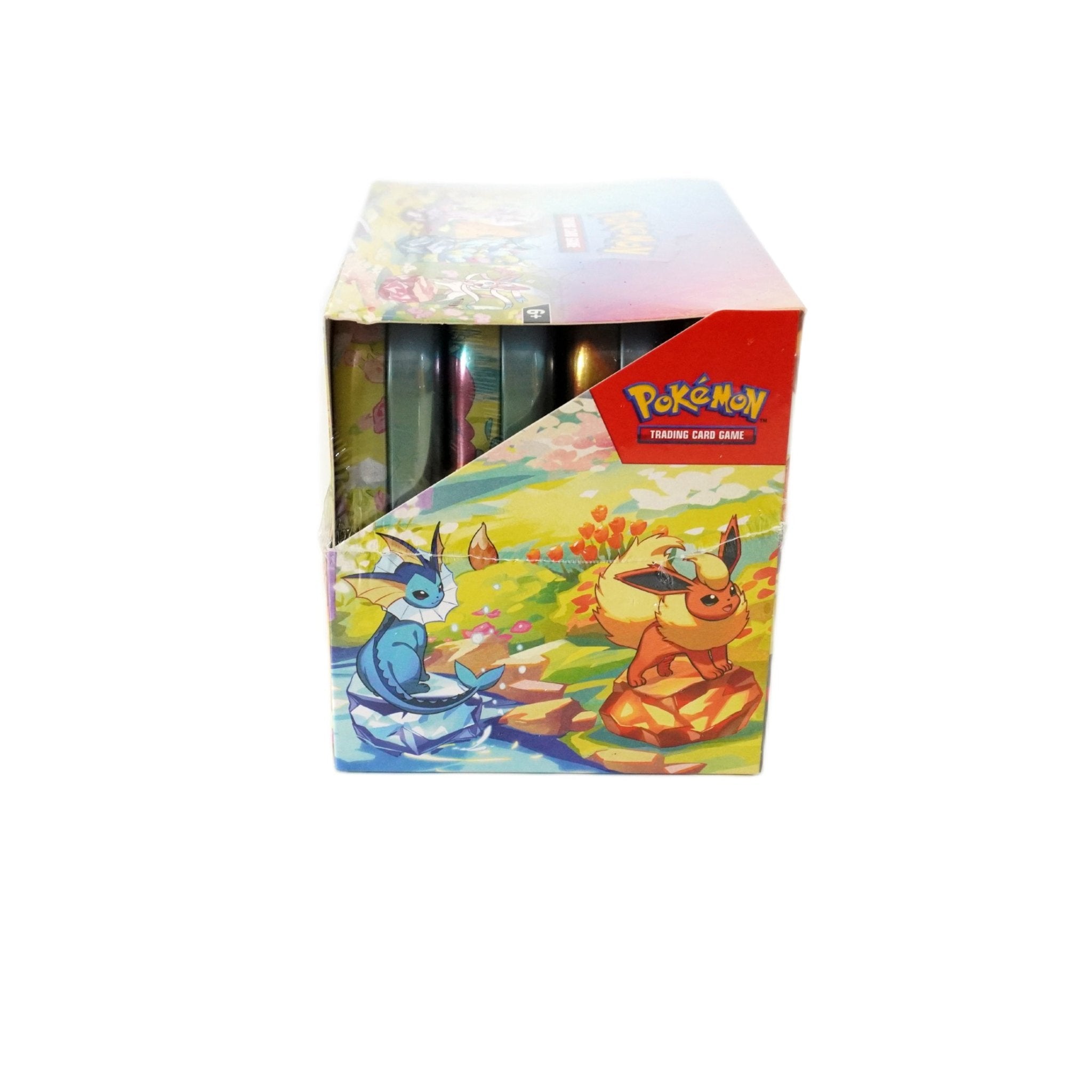 Pokémon Prismatic Evolution Mini Tin Display linke Seitenansicht – englisches Display mit exklusiven Evoli Entwicklungen, Boostern und Collectors SAR Karten kaufen bei Habibicards