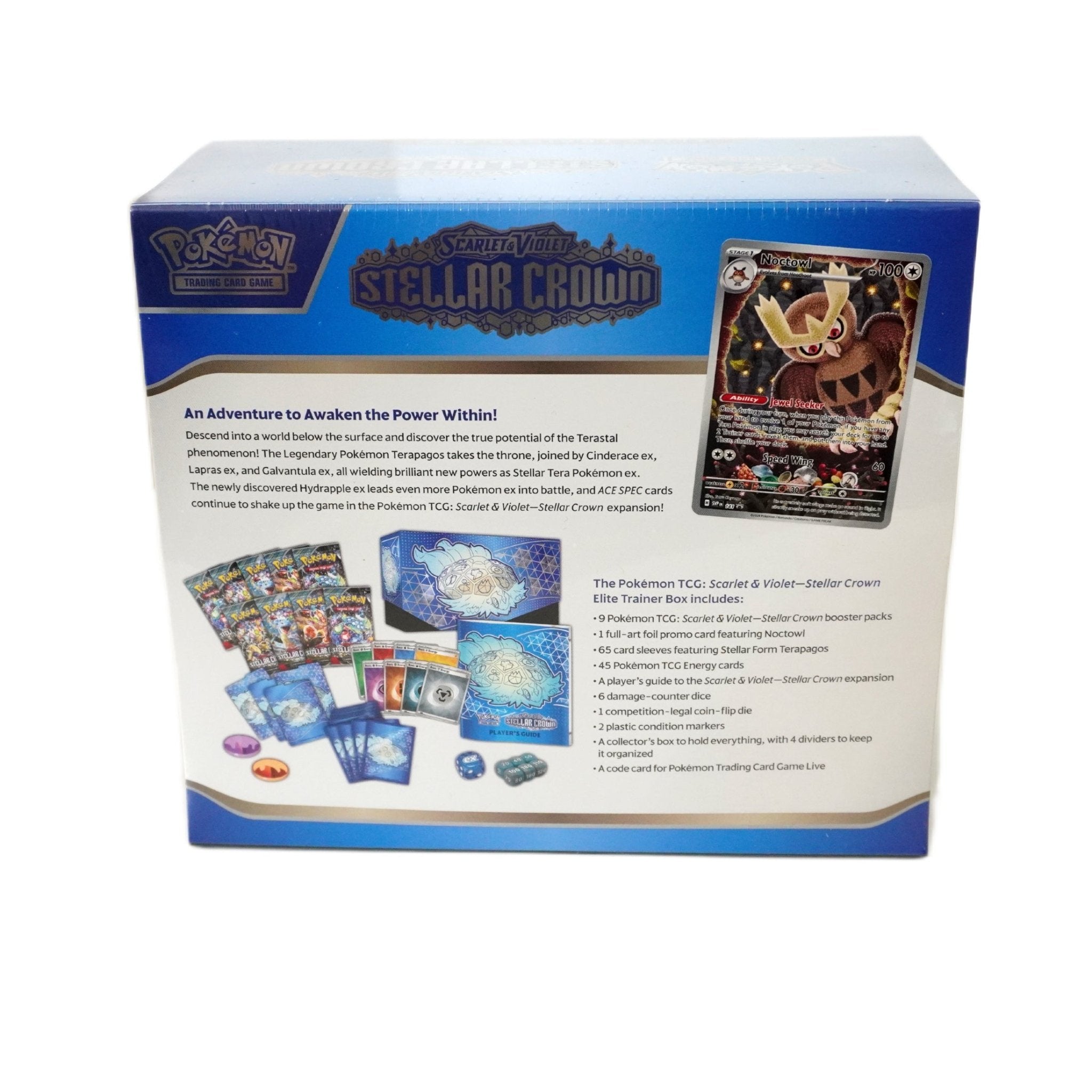 Pokémon Stellar Crown Elite Trainer Box Inhalt – englische ETB mit 9 Pokémon Boostern, Kartenhüllen, Würfeln, Marken und exklusivem TCG Zubehör kaufen bei Habibicards