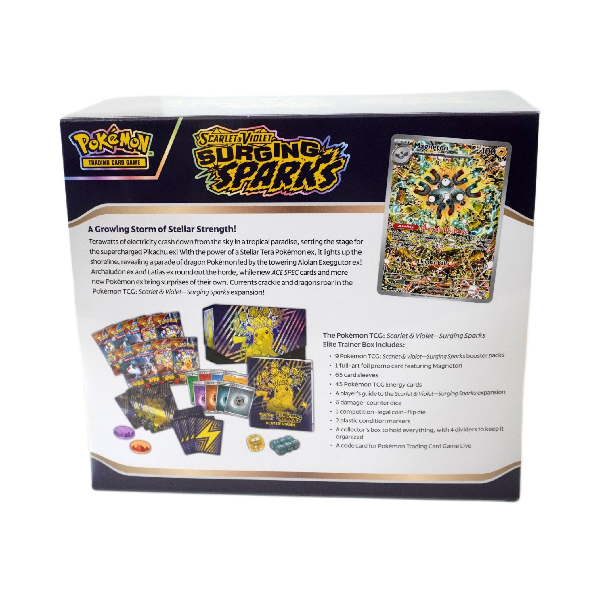 Pokémon Surging Sparks Elite Trainer Box ENG linke Seite – Elite Trainer Box für Pokémon Karten in englischer Sprache, perfekt für Spieler und Sammler, kaufen bei Habibicards