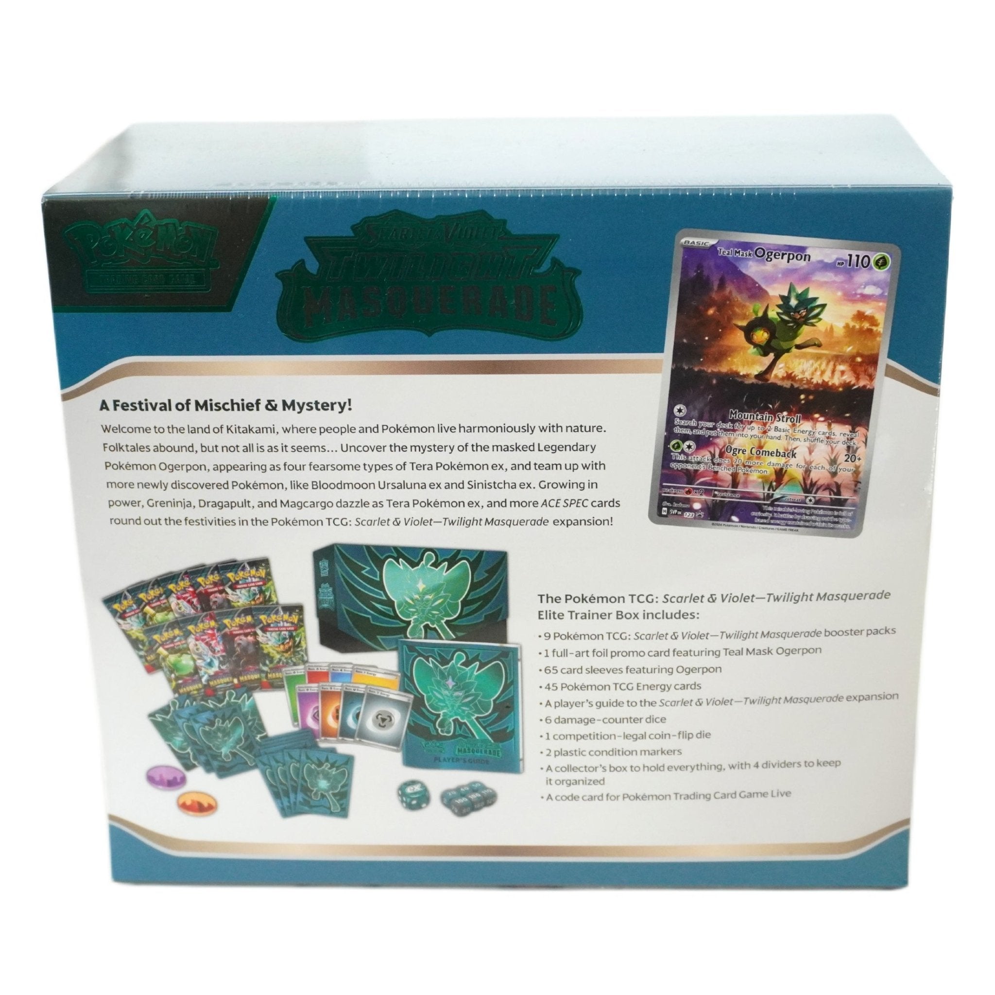Pokémon Twilight Masquerade Elite Trainer Box rechte Seite – offizielles Pokémon TCG Premium Produkt mit Artworks, Boostern und Zubehör
