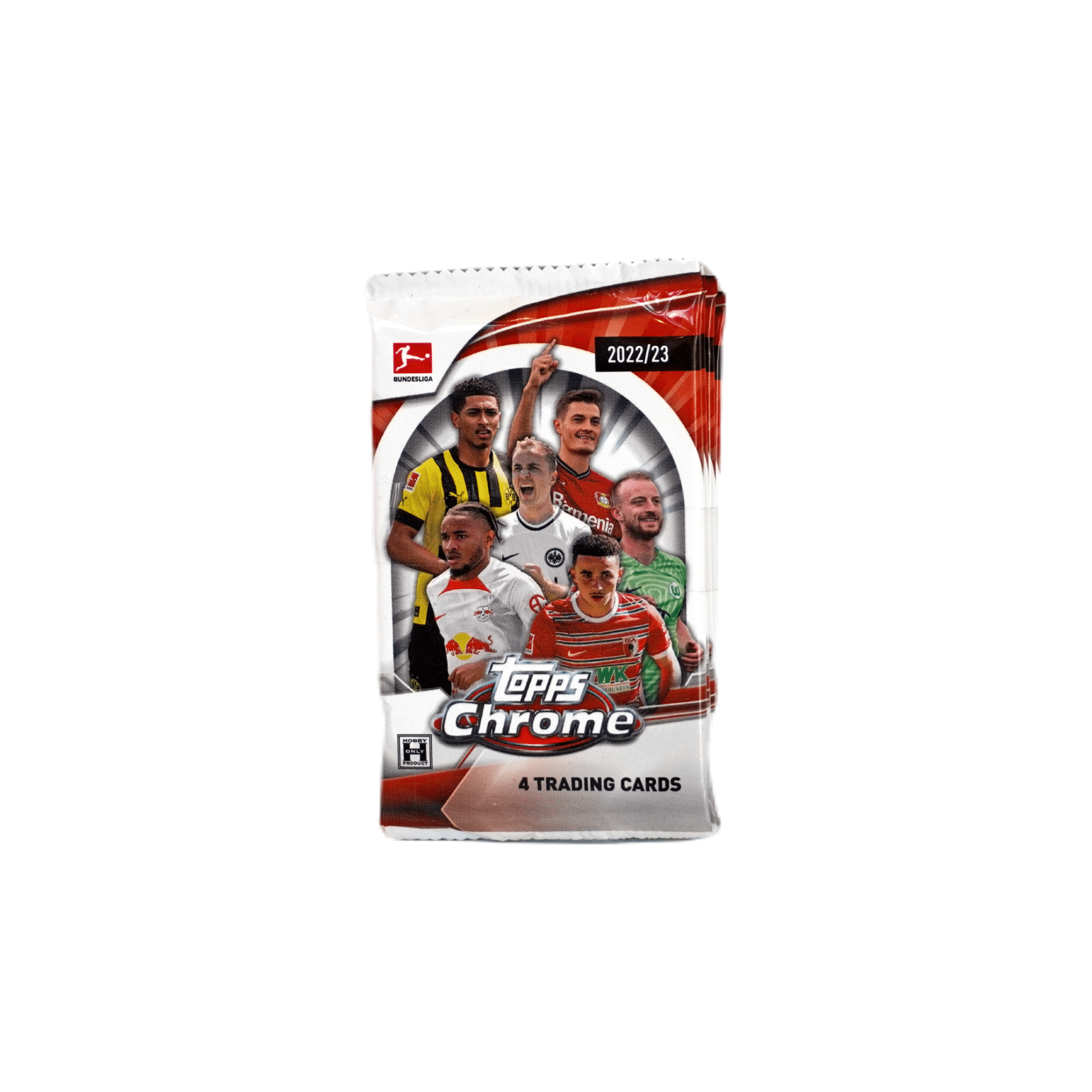Topps Chrome Bundesliga 2022/23 Einzel-Boosterpack Vorderseite – offizielles Boosterpack mit Bundesliga Fußballkarten im Chrome Design, exklusives Trading Card Highlight für Sammler, Fans und Investoren