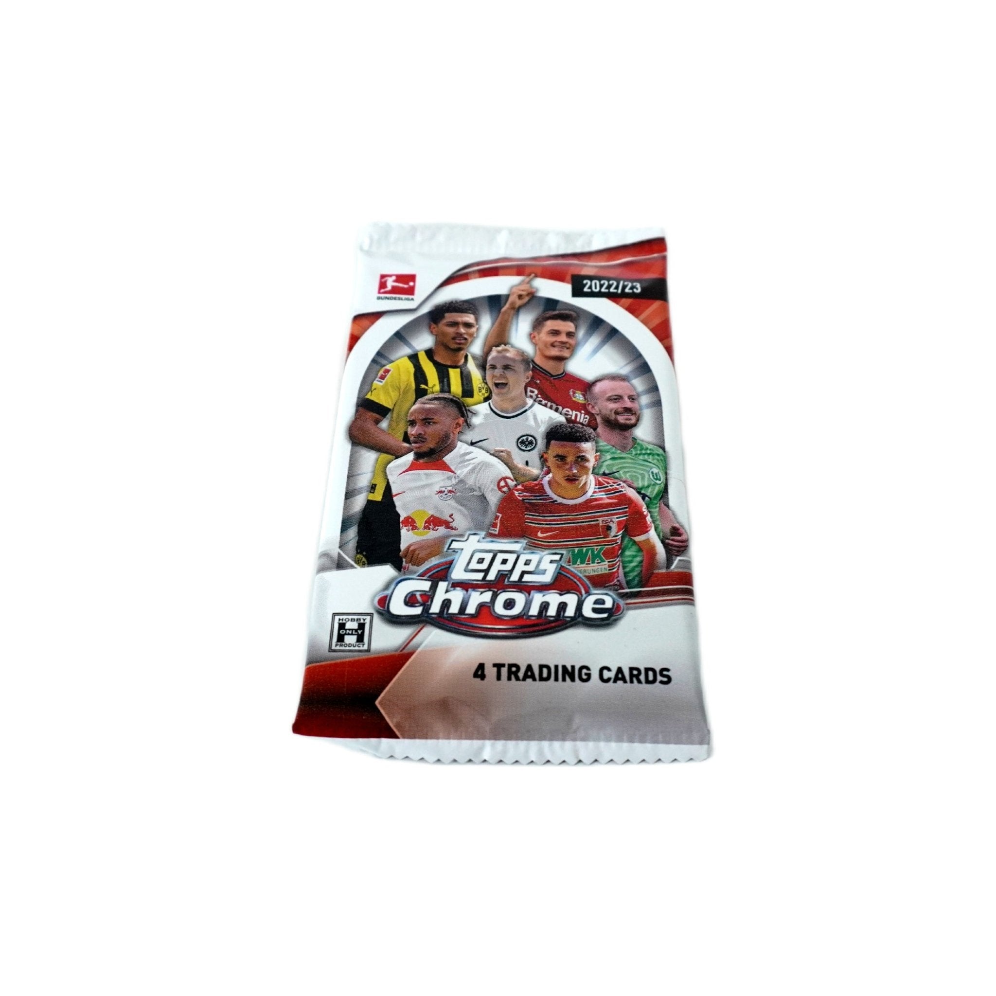 Seitenansicht Topps Chrome Bundesliga 2022/23 Einzel-Boosterpack – hochwertige Fußballkarten-Verpackung, exklusives Trading Card Pack für Bundesliga Sammler und Investoren