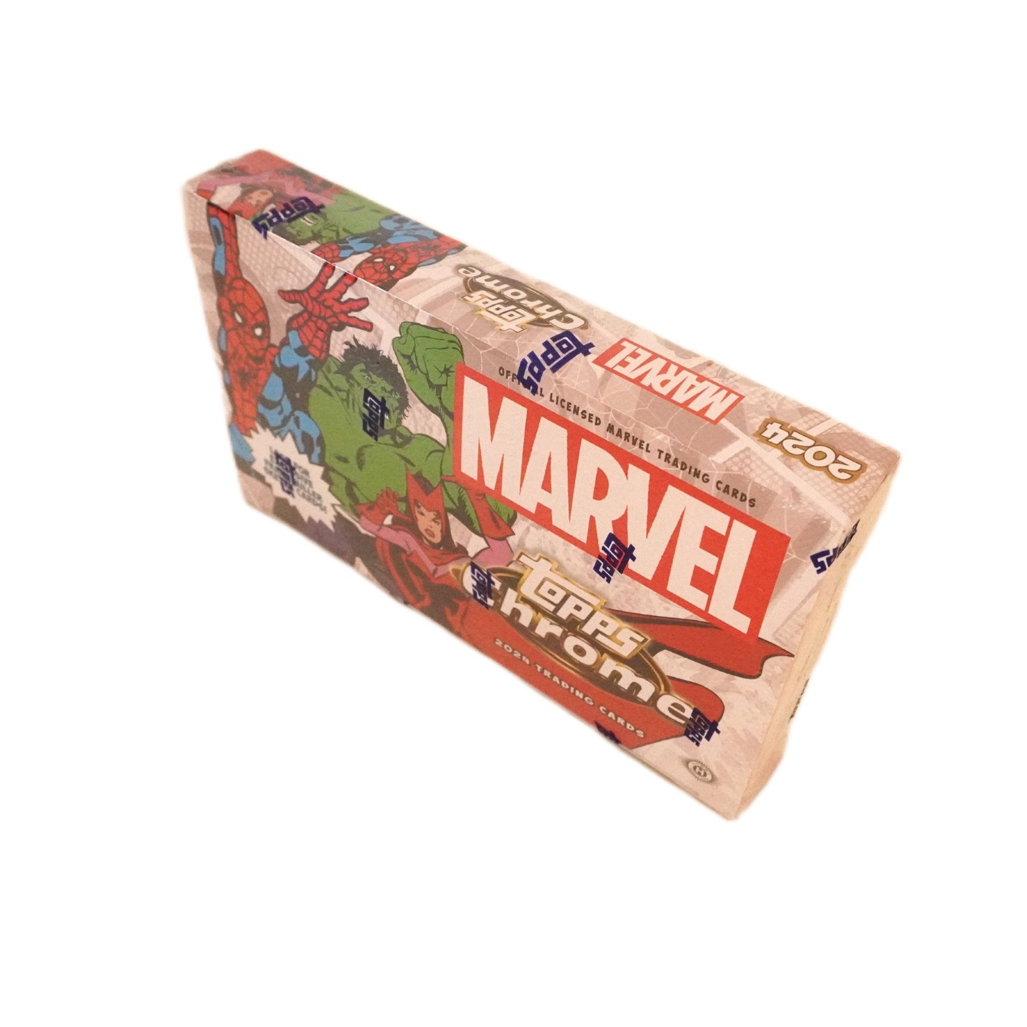 Topps Marvel Chrome Hobby Box 2024 linke Seite – Marvel Trading Cards Hobby Box mit Superheroes, Inserts, Parallels und Collectors Cards kaufen bei Habibicards