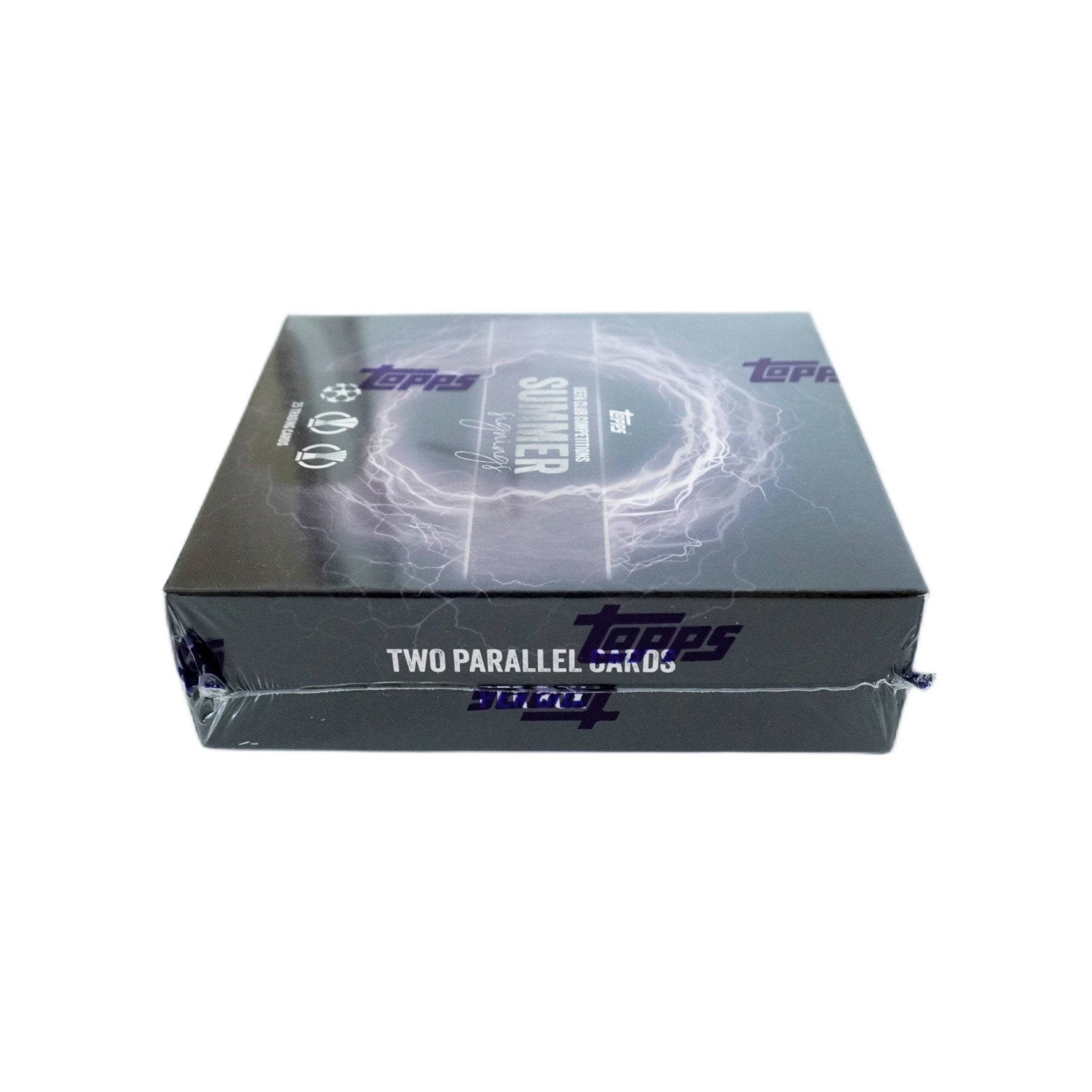Seitenansicht Topps UEFA Club Competitions Impact 2023 – hochwertige Verpackung mit limitierten Trading Cards, Fußball-Sammelprodukt mit Autogrammchance für Sammler und Investoren