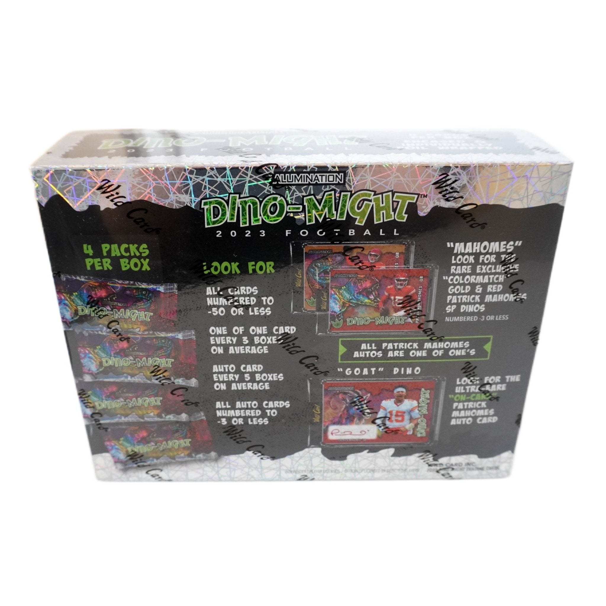 2023 Wild Card Alumination Football Dino-Might Box Seitenansicht links – originale Wild Card NFL Trading Cards Box mit exklusiven Dino-Might Sammelkarten, offizielles TCG Display 2023 günstig online bestellen