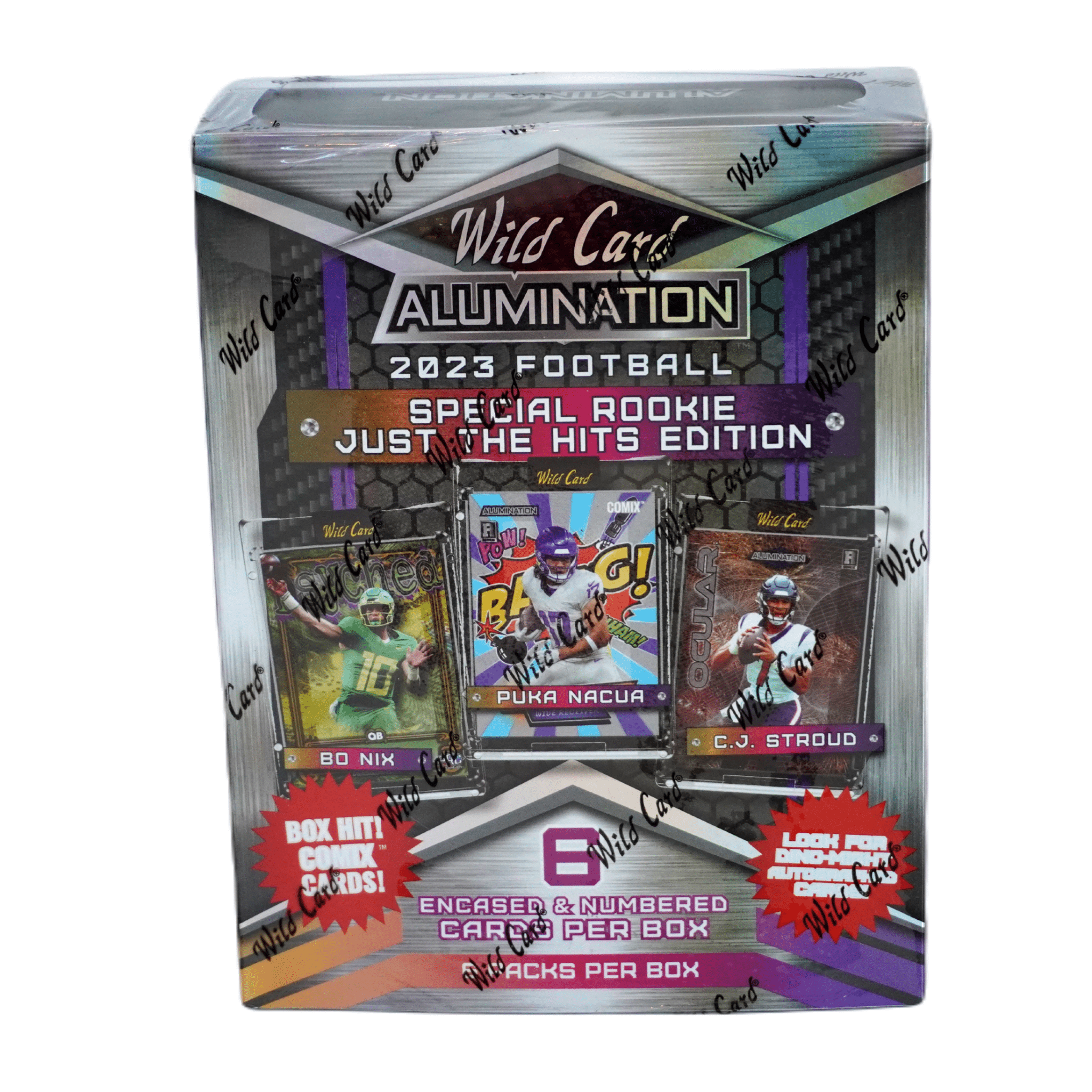 2023 Wild Card Alumination Rookie Insert Edition Football Hobby Box Frontansicht – originale NFL Trading Cards Box mit exklusiven Rookie Insert Sammelkarten, offizielles Wild Card Alumination TCG Display 2023 online kaufen im Shop