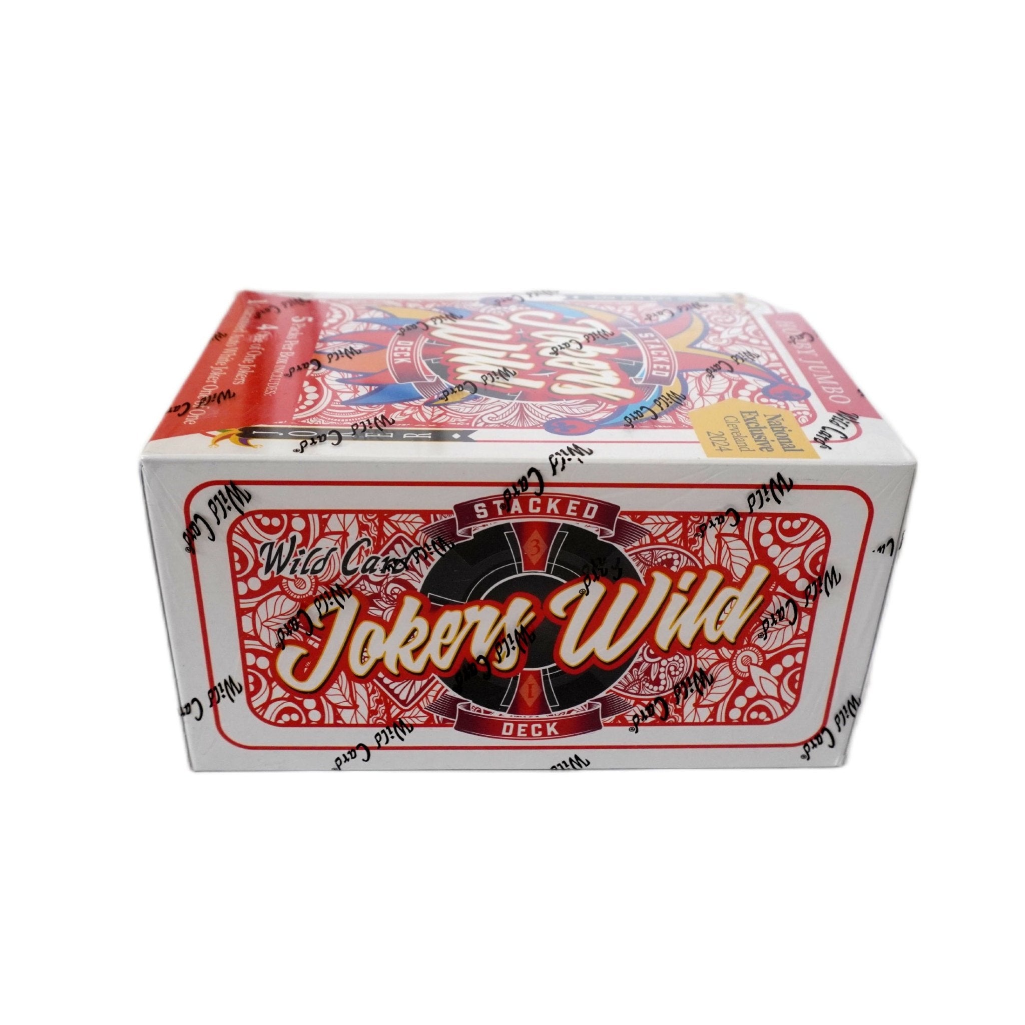 2023 Wild Card Stacked Deck Jokers Wild Football Hobby Jumbo Box Seitenansicht links – originale Wild Card NFL Trading Cards Box mit exklusiven Jokers Wild Sammelkarten, offizielles Stacked Deck Hobby Jumbo TCG Display 2023 günstig online bestellen