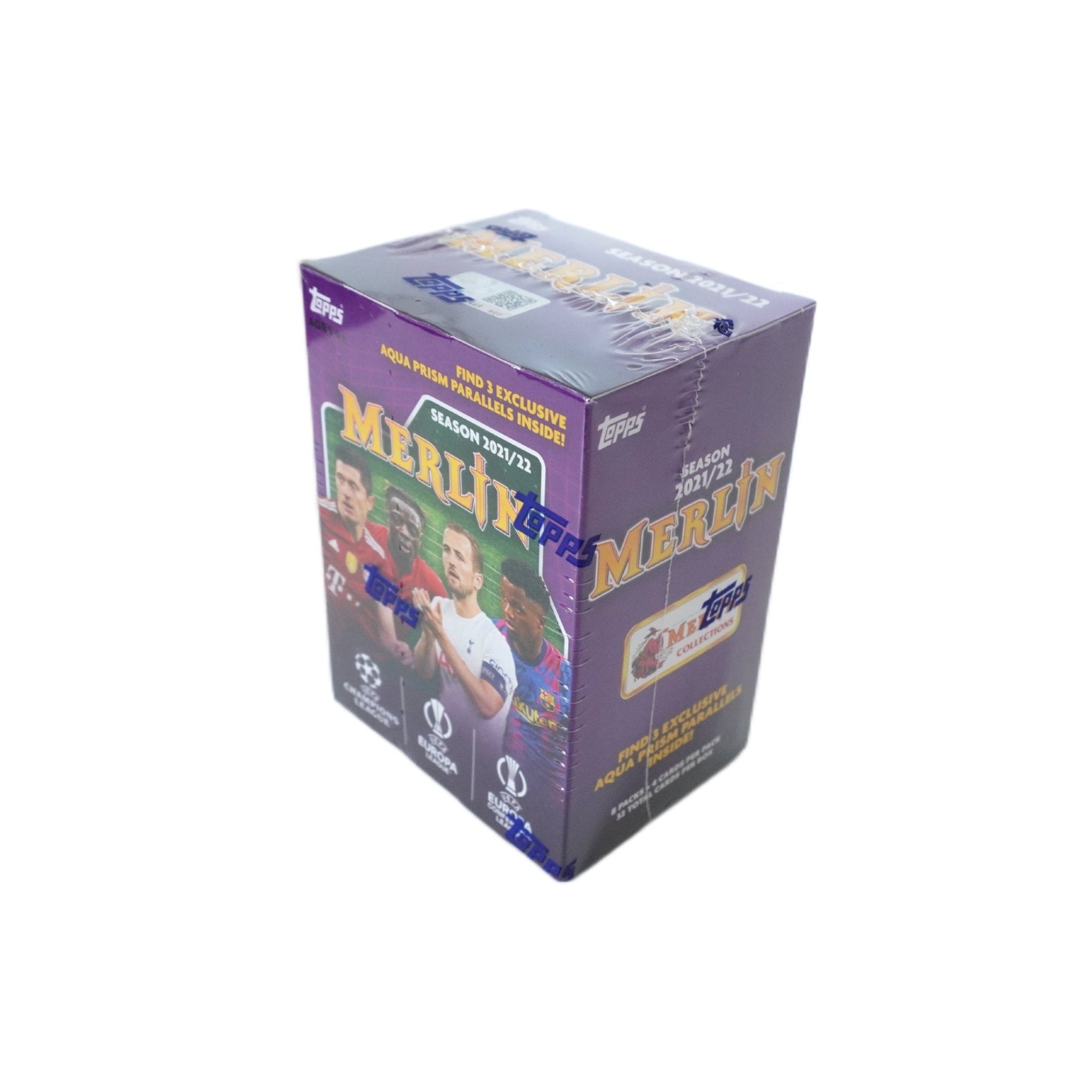 2021/22 Topps UEFA Champions League Merlin Chrome Soccer Blaster Box Rückseite – detailreiche Produktinformationen zu den enthaltenen Trading Cards, limitierte Sammelbox für Fußballkarten-Sammler und TCG Investoren