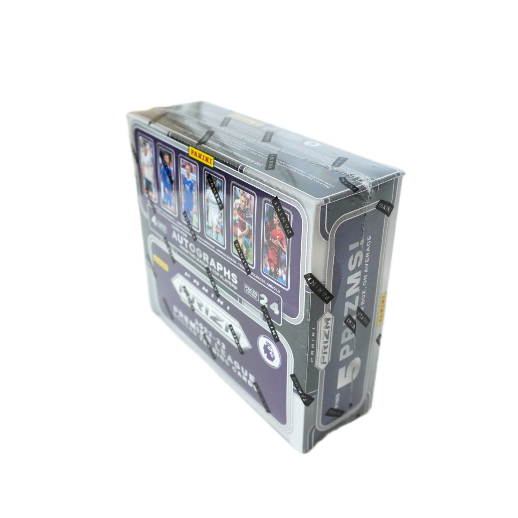 2022/23 Panini Prizm Premier League Retail 24-Pack Box Rückseite – detailreiche Informationen zur limitierten Retail Edition, hochwertige Fußballkarten im exklusiven Prizm Design, offizielles Panini Produkt für Sammler und TCG Fans