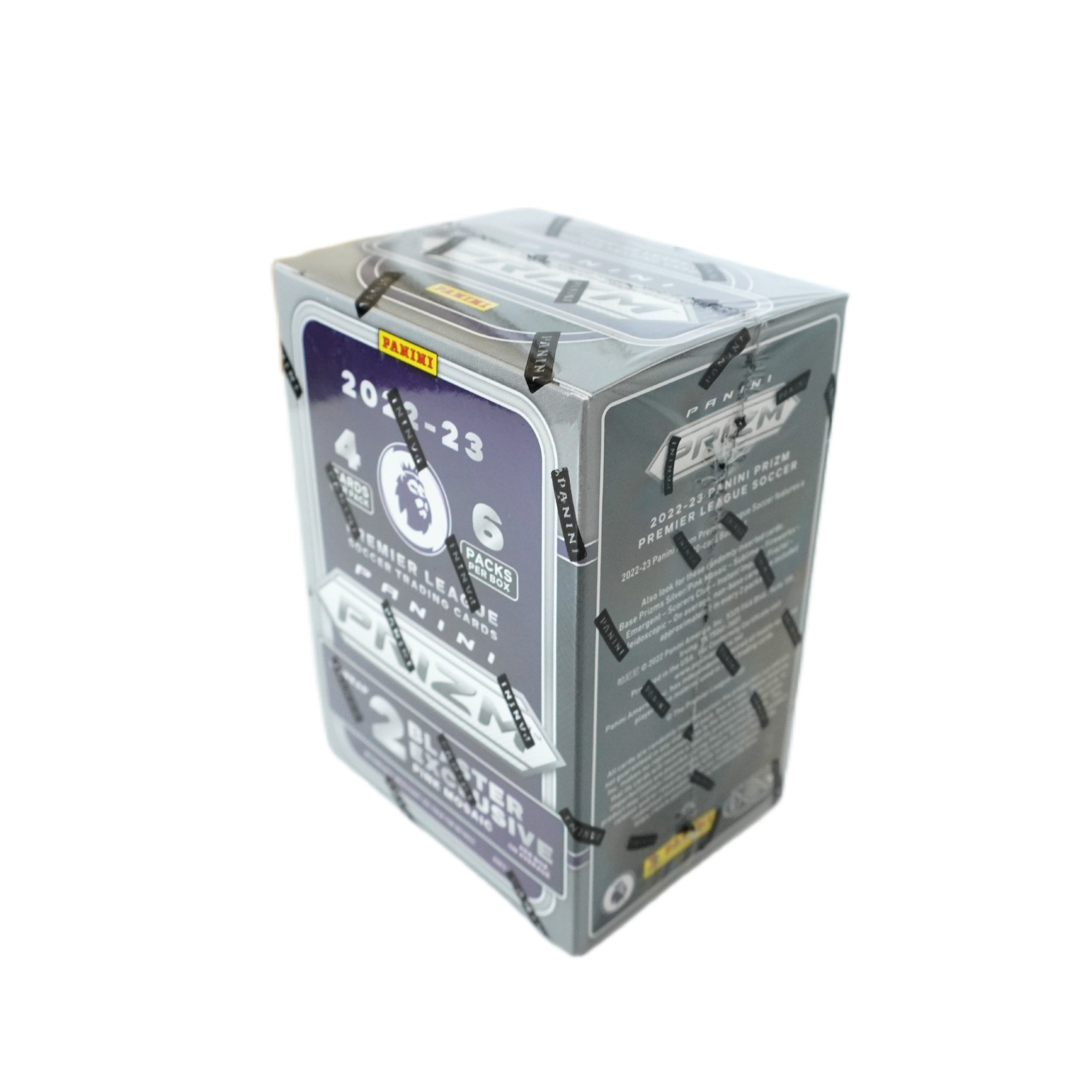 2022/23 Panini Prizm Premier League Soccer 6-Pack Blaster Box Rückseite – detailreiche Informationen zur Premier League Sammelbox, exklusive Panini Trading Cards mit Sammlerwert und Investitionspotenzial