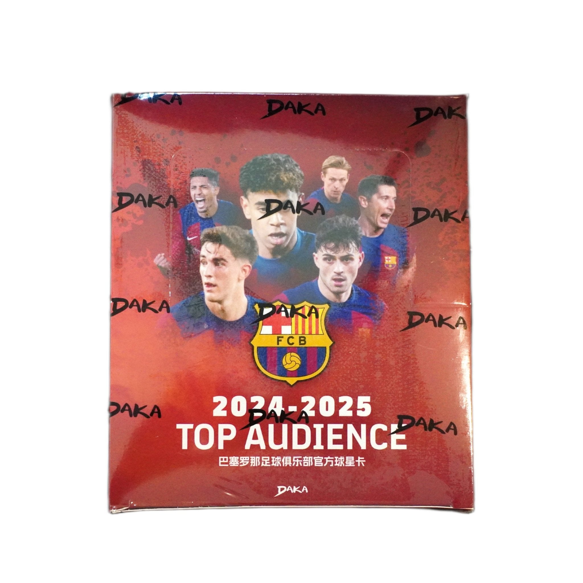 2024/25 Daka First Edition Top Audience FC Barcelona Hobby Box Vorderseite – exklusive Fußballkarten-Box mit offiziellen FC Barcelona Trading Cards, hochwertiges Hobby Box Highlight für Sammler, Fans und Investoren