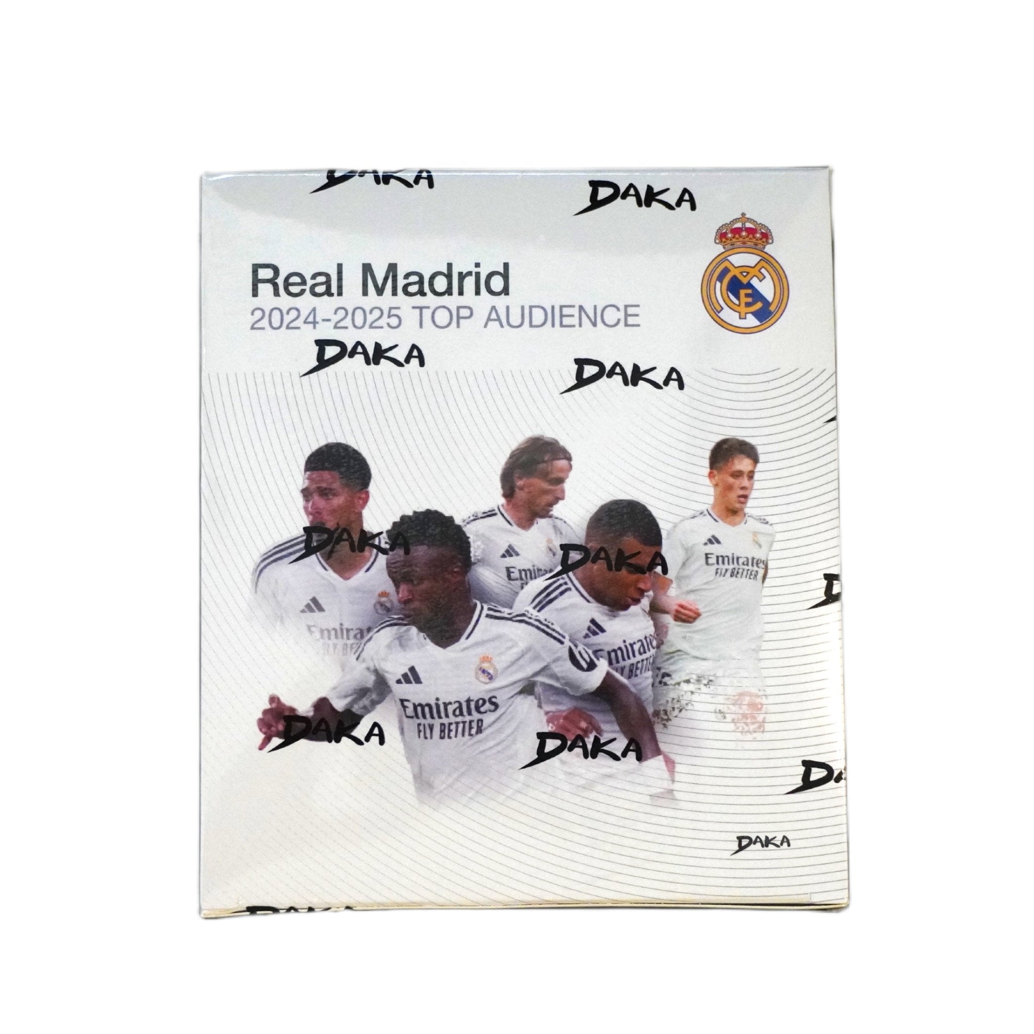 2024/25 Daka Top Audience Real Madrid Hobby Box Vorderseite – offizielle Hobby Box mit exklusiven Real Madrid Fußballkarten, hochwertiges Trading Card Highlight für Sammler, Fans und Investoren