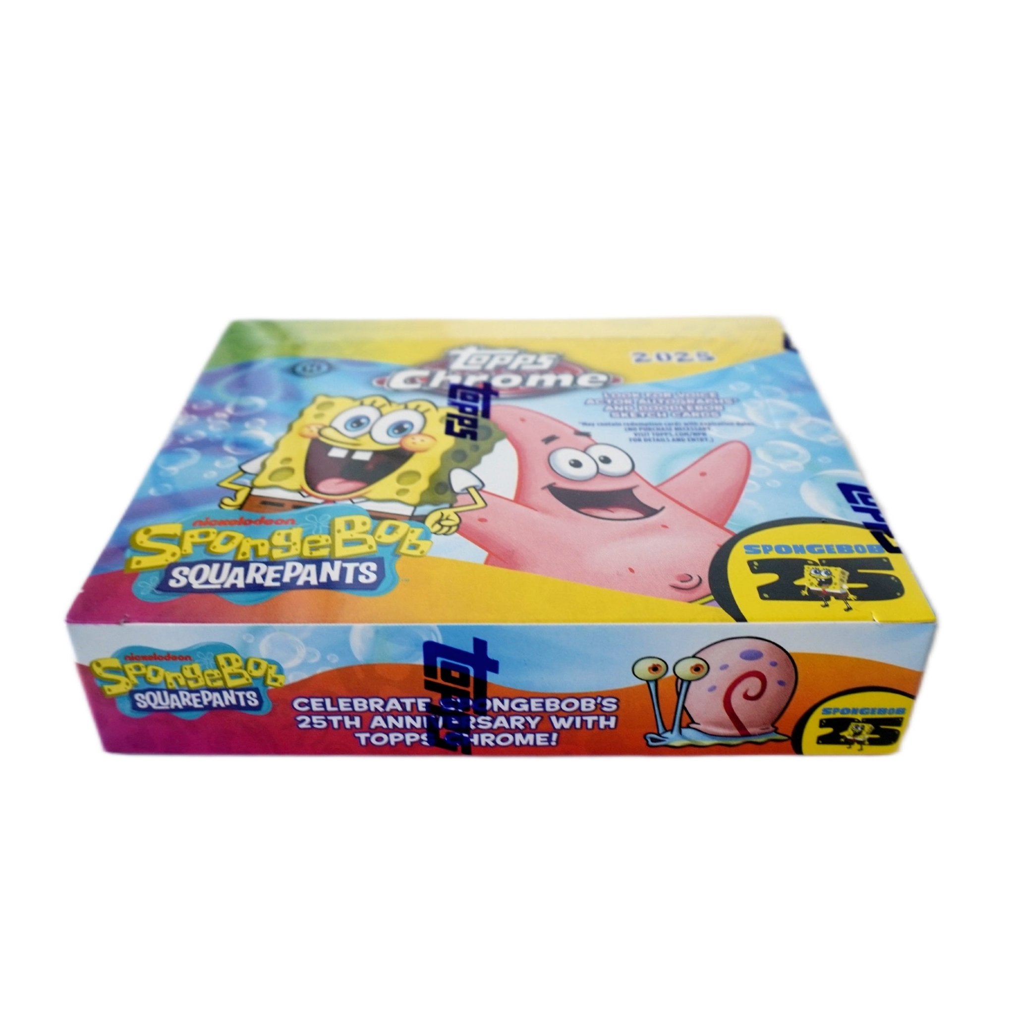 Linke Seitenansicht 2025 Topps Chrome SpongeBob 25th Anniversary Hobby Box – offizielle SpongeBob Trading Card Box von Topps bei Habibicards