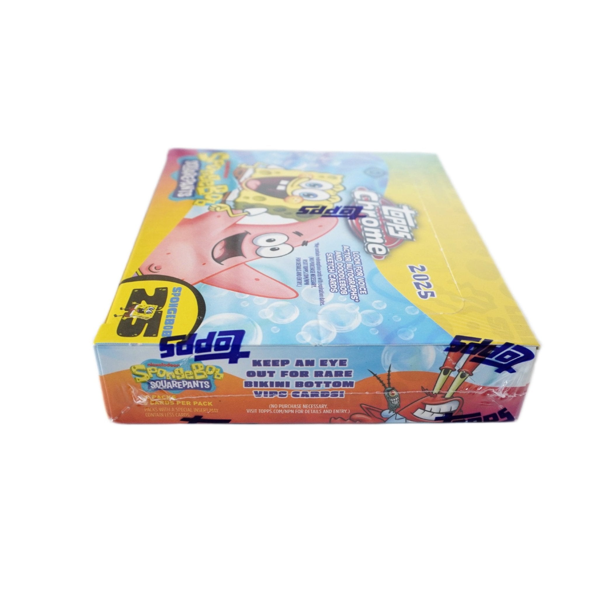 Rechte Seitenansicht 2025 Topps Chrome SpongeBob 25th Anniversary Hobby Box – limitierte Chrome Box mit SpongeBob Sammelkarten bei Habibicards kaufen