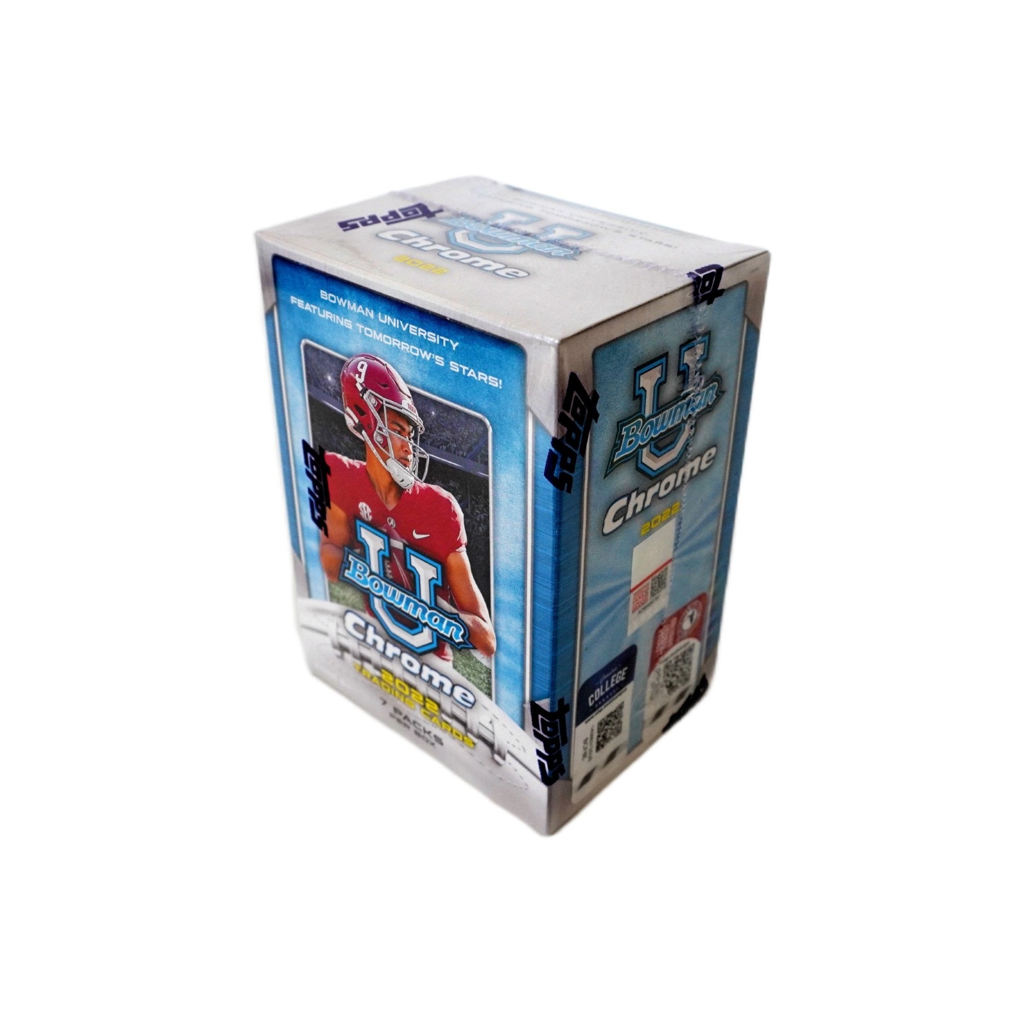 2022 Bowman Chrome University Football Blaster Box Rückseite (7 Packs) – detaillierte Übersicht aller enthaltenen College Football Sammelkarten, offizielles Bowman Trading Cards Set 2022 entdecken und online kaufen