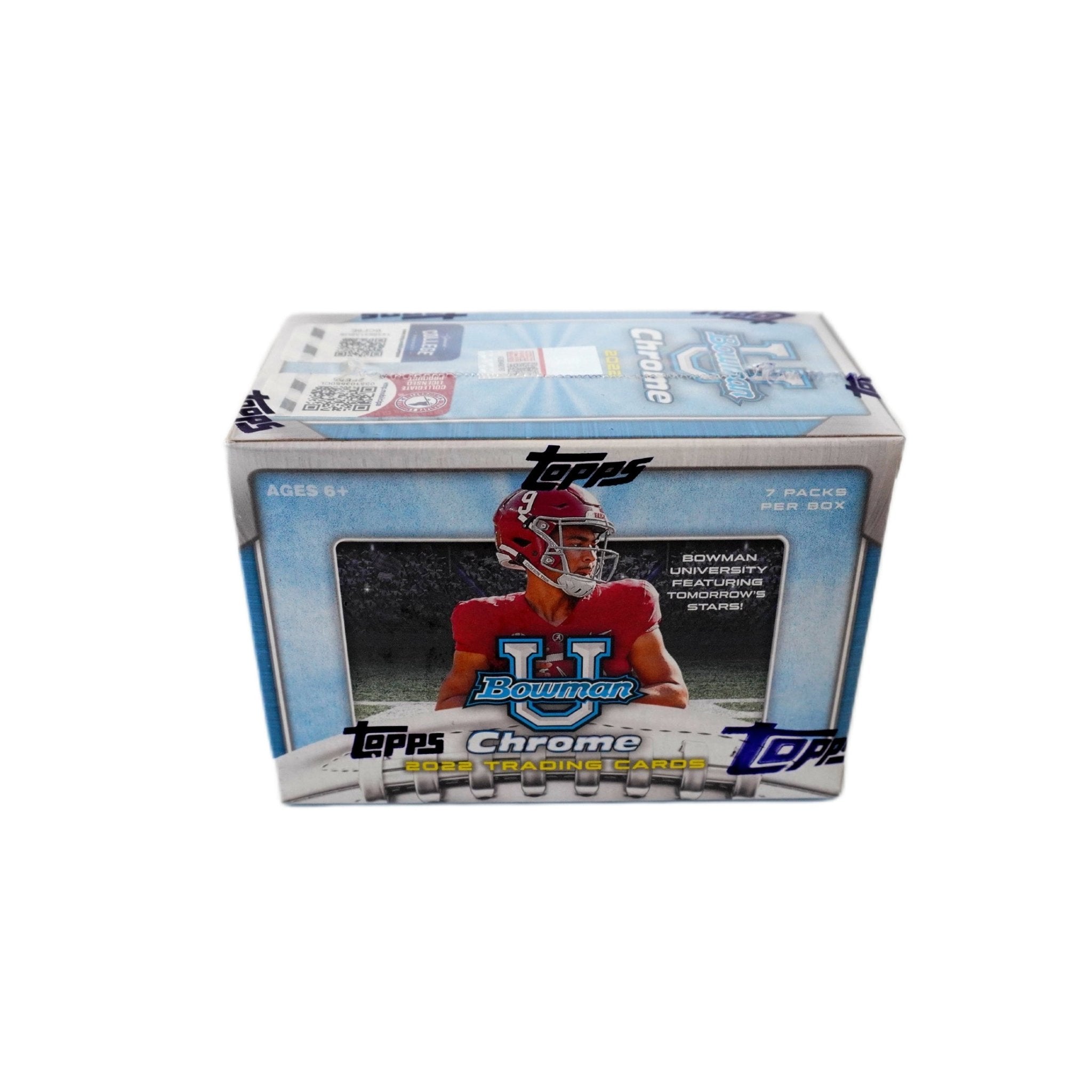 2022 Bowman Chrome University Football Blaster Box Seitenansicht links (7 Packs) – originale Bowman University Trading Cards Box mit Chrome Sammelkarten, offizielles TCG Blaster Display 2022 günstig online bestellen