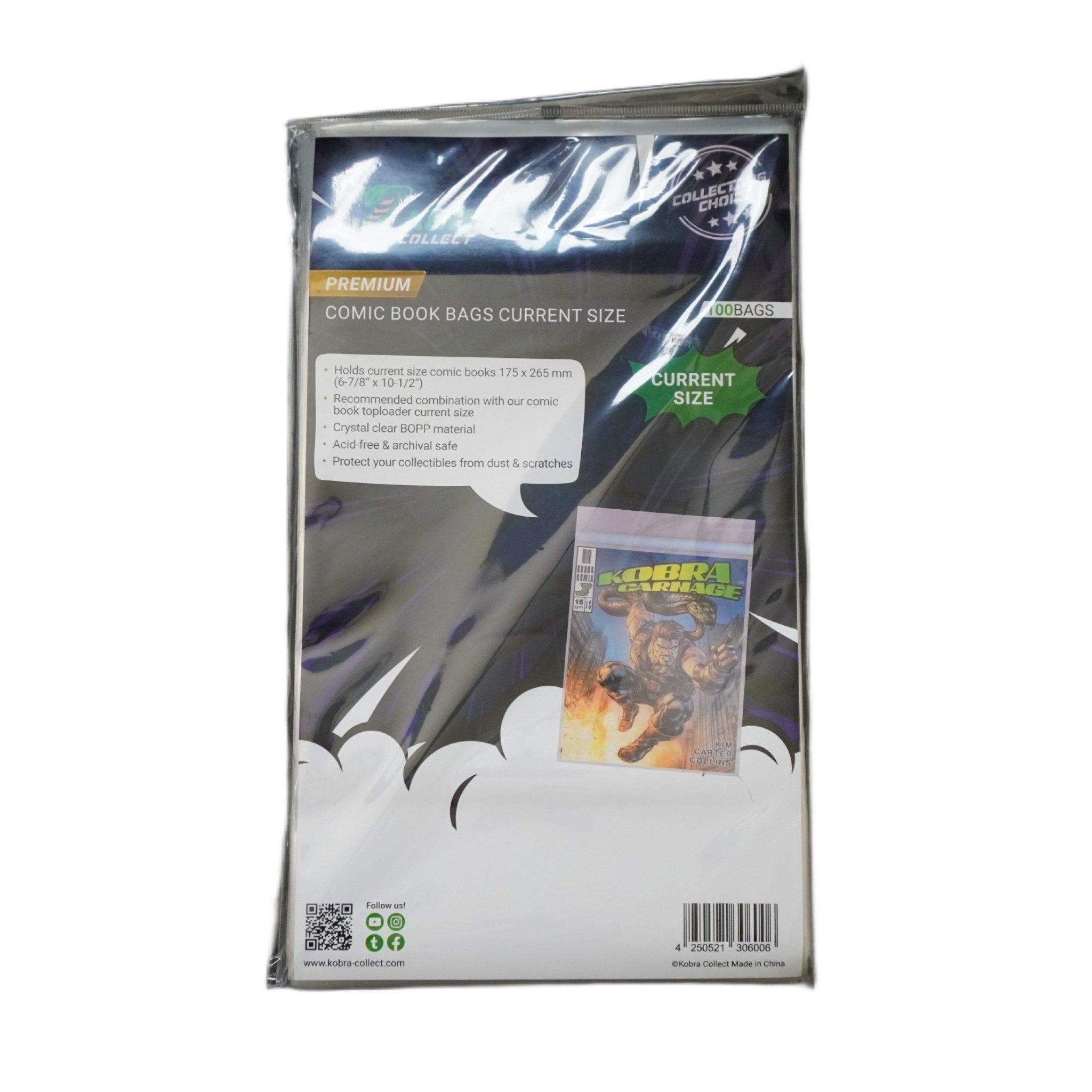 Kobra Collect Comic Book Bags Current Size 100 Stück Seitenansicht – Comic Bags für moderne Comics im Current Size Format, hochwertige Schutzhüllen für Marvel, DC und Independent Serien kaufen bei Habibicards