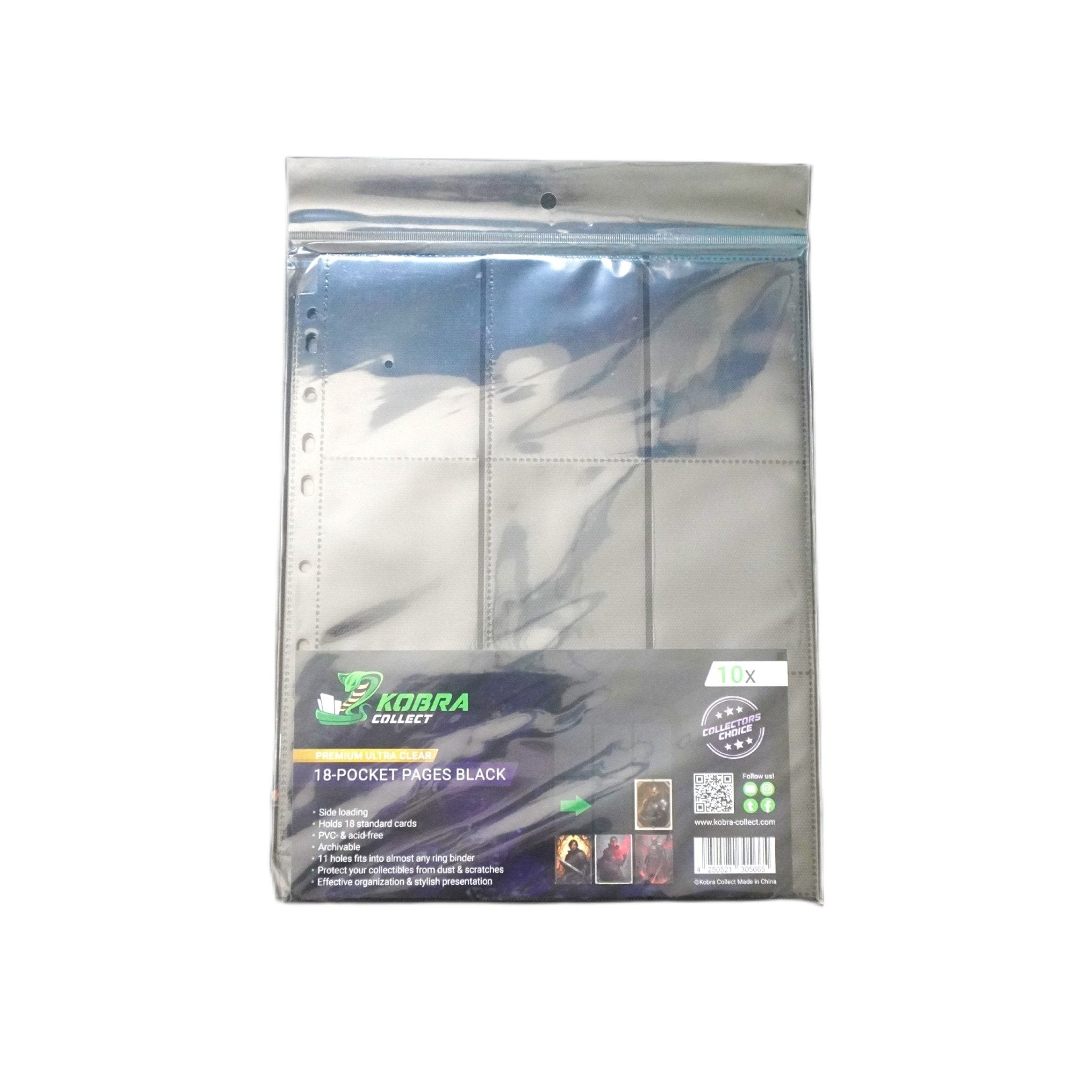 Kobra Collect Premium 18-Pocket Pages schwarz Seitenansicht – hochwertige Trading Card Binder Pages mit Side Loading, 11-Loch kompatibel für alle gängigen Ordner, 100 Stück Pack kaufen bei Habibicards