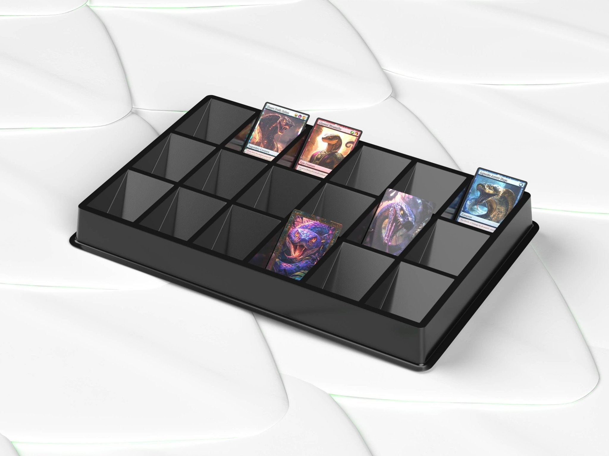 Kobra Collect Sorting Tray Vorderansicht mit 18 Fächern – professionelle Sortierbox für TCG und Sammelkarten, Organizer für Pokémon, Yu-Gi-Oh!, One Piece, Magic the Gathering und Sportkarten kaufen bei Habibicards