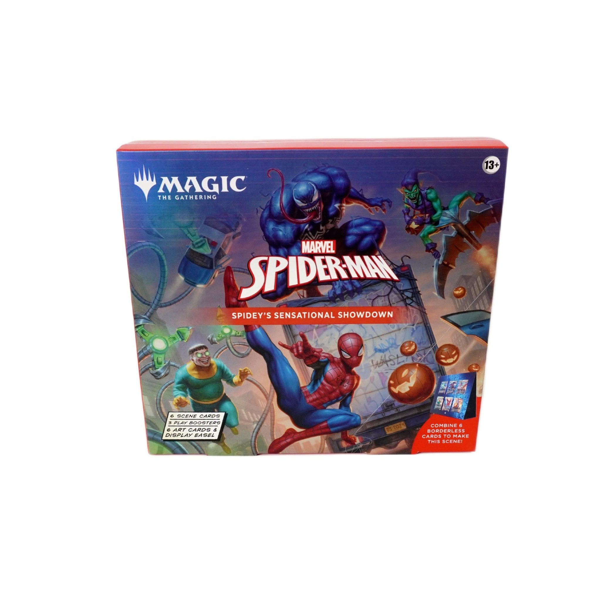 Magic The Gathering Marvel’s Spider-Man Scene Box 2025 – komplette Vorderansicht der original MTG Sammelbox bei Habibicards kaufen