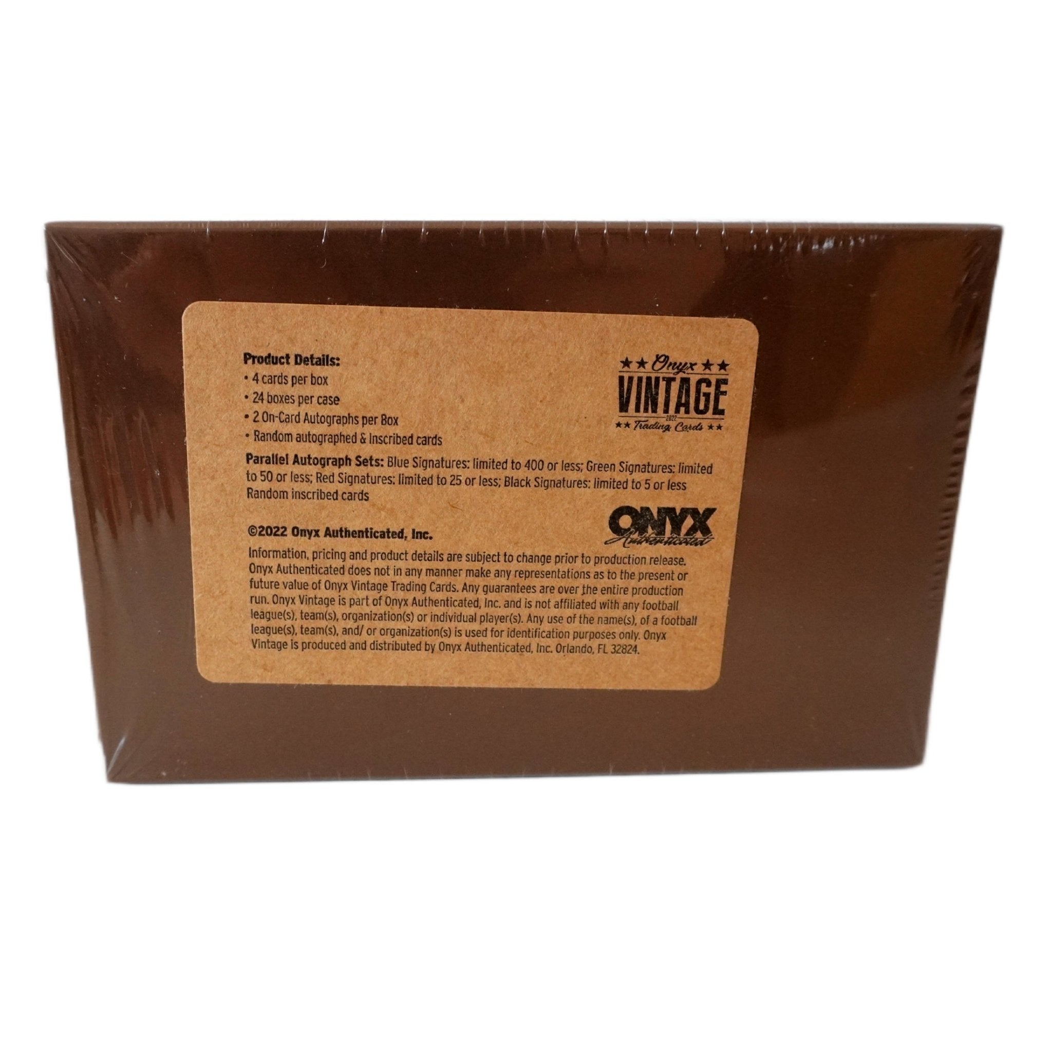 2022 Onyx Vintage Collection Football Box Rückseite – detaillierte Übersicht aller enthaltenen NFL Sammelkarten, offizielles Onyx Vintage Football Trading Cards Set 2022 entdecken und online kaufen