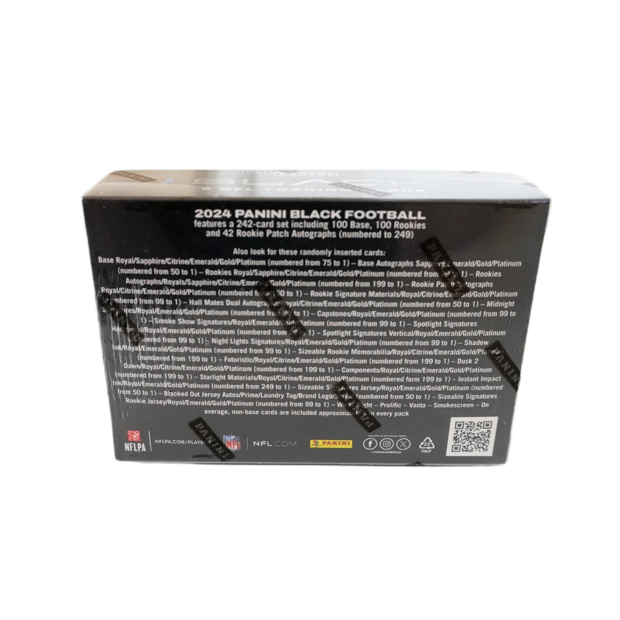 Panini Black Football 2024 NFL Hobby Box Rückseite – detaillierte Übersicht aller enthaltenen Football Sammelkarten, offizielles Panini Black Trading Cards Set 2024 entdecken und online kaufen
