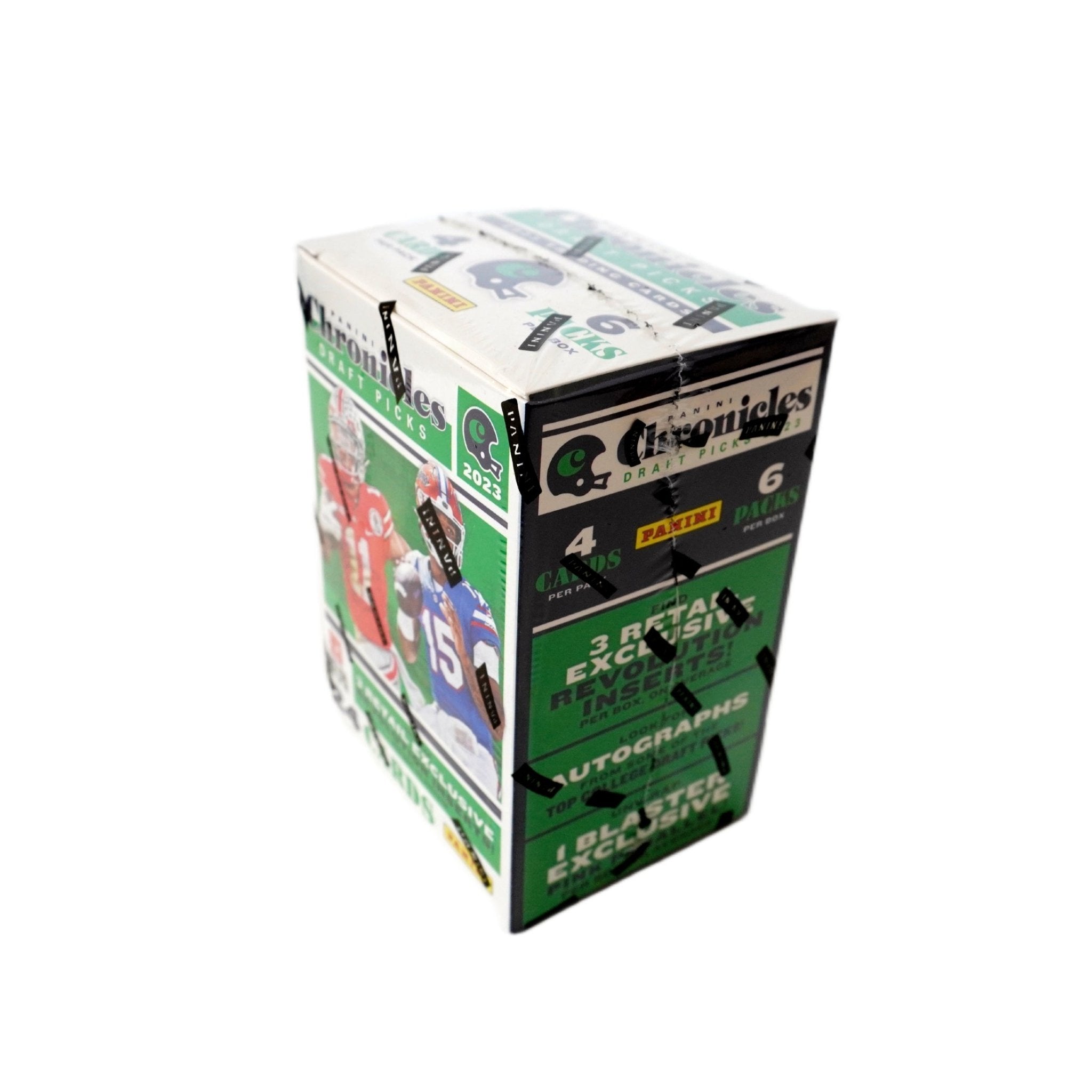2023 Panini Chronicles Draft Picks Football Blaster Box Rückseite (6 Packs) – detaillierte Übersicht aller enthaltenen NFL Draft Sammelkarten, offizielles Panini Trading Cards Set 2023 entdecken und online kaufen